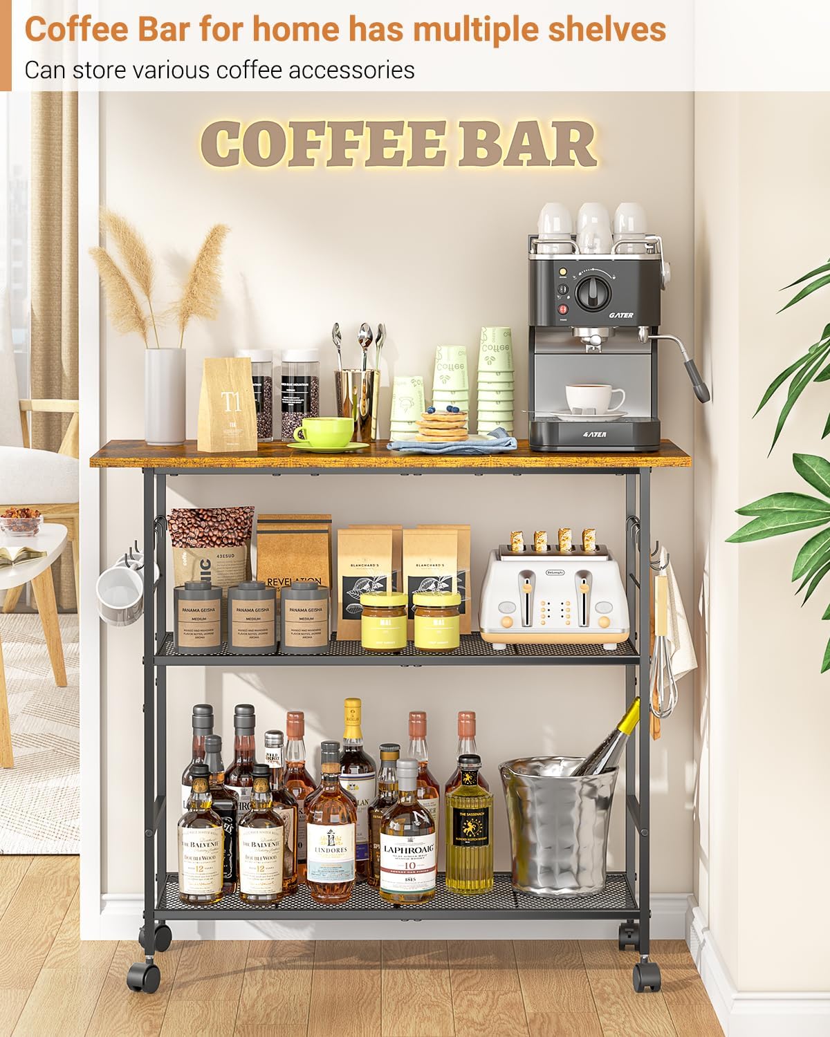 Kitchen Island with 3 Shelves, Rolling Kitchen Cart with 6 Hooks and Protective Shelf, Microwave Stand on Lockable Wheels, Bakers Rack Coffee Bar for Dining, Living Room, Outdoor, Metal Frame