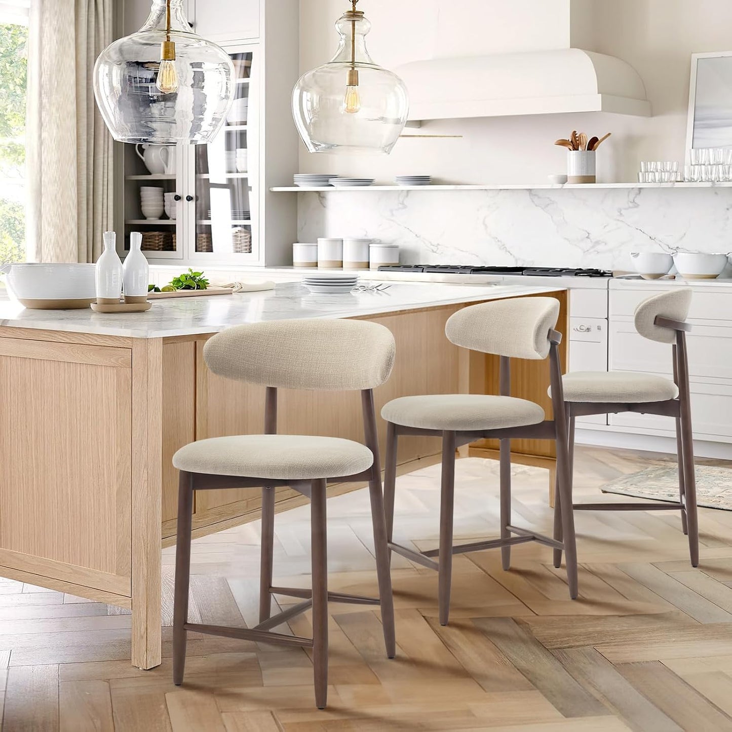 COLAMY Counter Height Bar Stools Set of 3, Kitchen Bar Stools with Back, Mid Century Modern Upholstered, with Wood Legs for Kitchen Island Dining Room, Beige