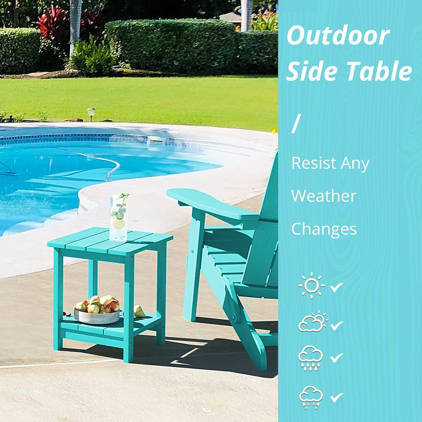 LUE BONA Adirondack Outdoor Side Table, 2-Tier Aruba Blue HDPS Patio End Table Weather Resistant, Outdoor Morden Side Table for Patio, Pool, Porch