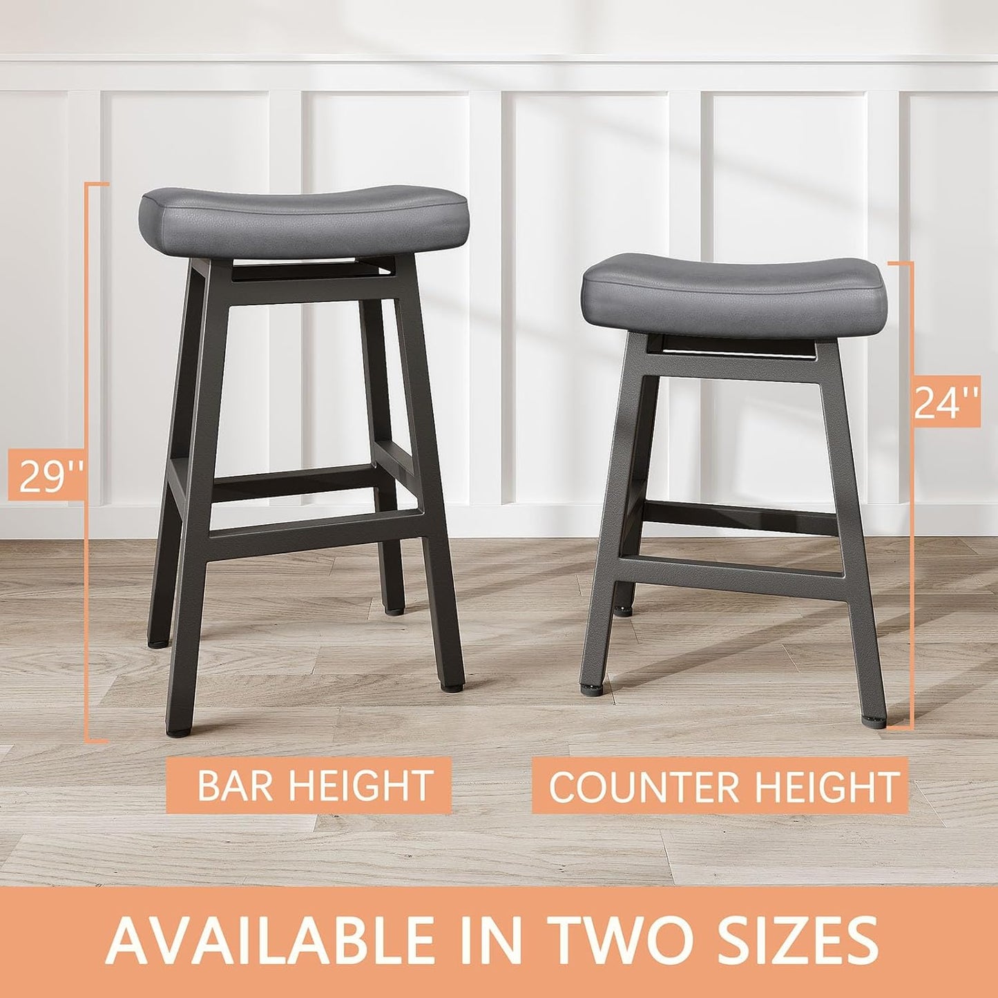 29 Inches Bar Stools Set of 2, Bar Height Barstools for Home Counter, Blackless Barstool with Bonded Leather Saddle Seats & Heavy Duty Metal Legs, Easy Assembly, All Black