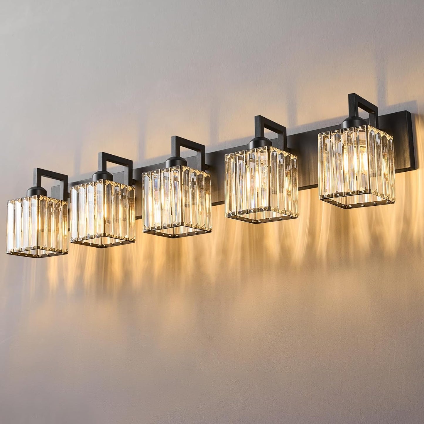 Modern Crystal Bathroom Vanity Light - 5-Lights Black Modern Crystal Wall Lamp for Bathroom Vanity Lighting