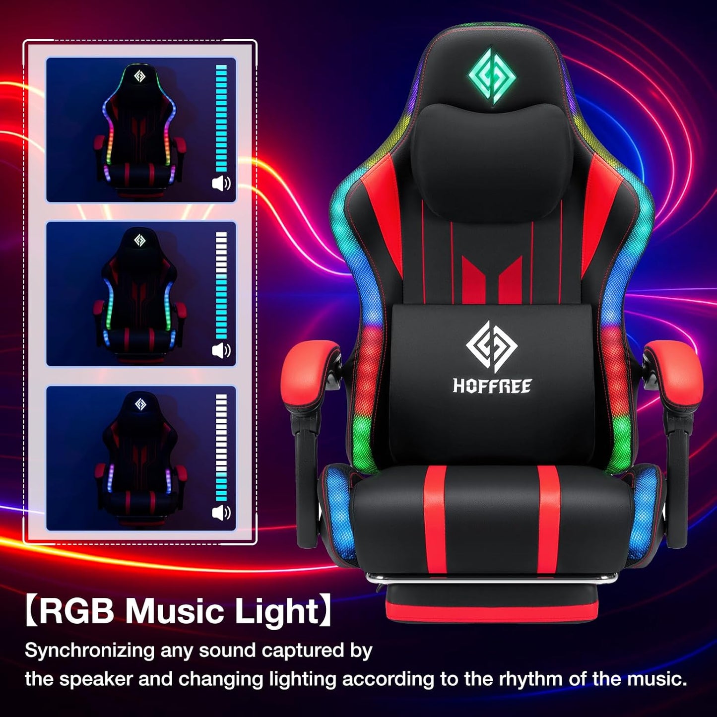 HOFFREE Gaming Chair with Music Rhythm RGB LED Lights and Bluetooth Speakers Ergonomic Massage Computer Gaming Chair with Footrest Video Game Chair High Back with Lumbar Support Red and Black
