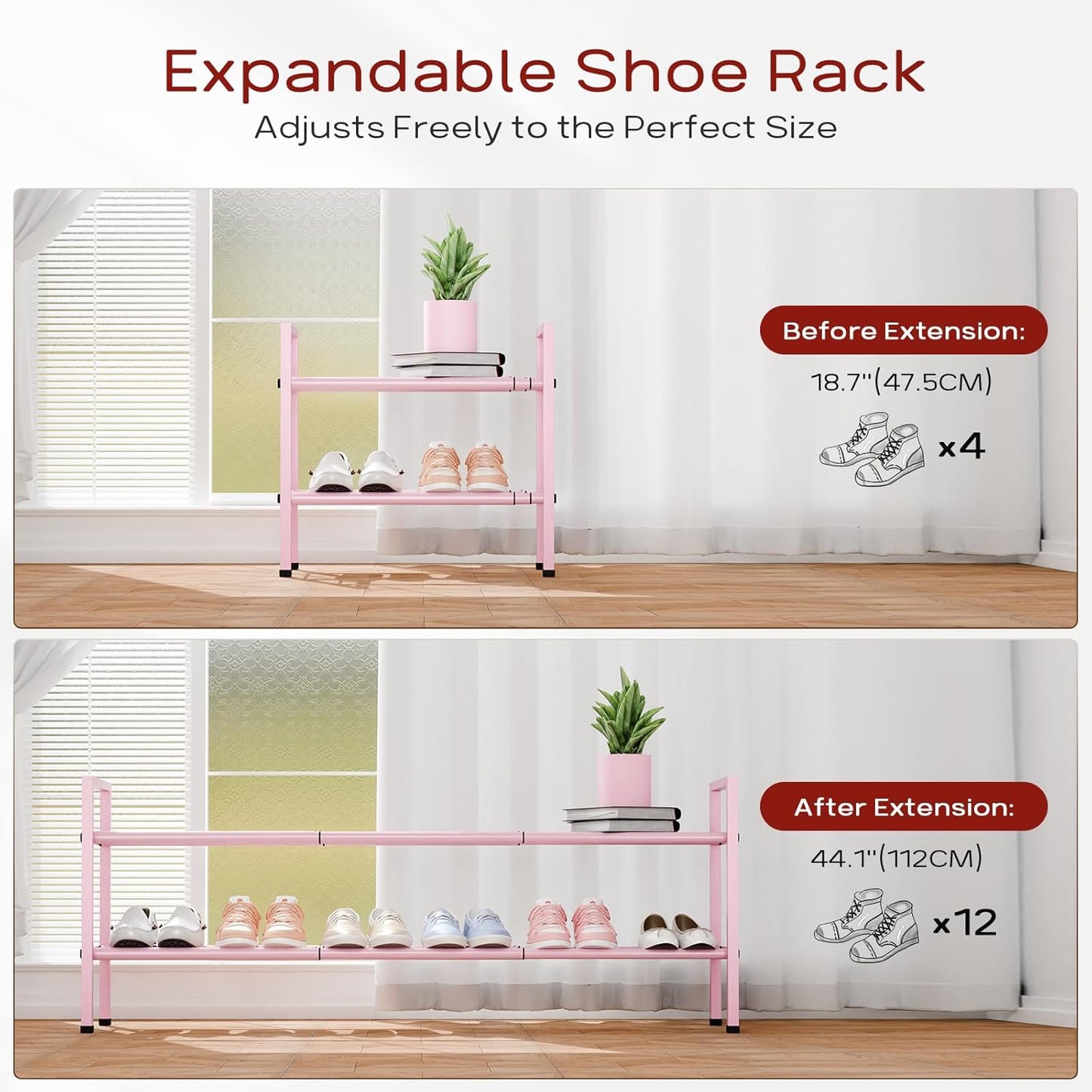 Bumusty 2-Tier Long Expandable Shoe Rack for Closet, 18"-44" Adjustable Shoe Rack for Entryway, 10-12 Pairs Large Shoe Organizer Shelf Storage, Sturdy Metal, Pink