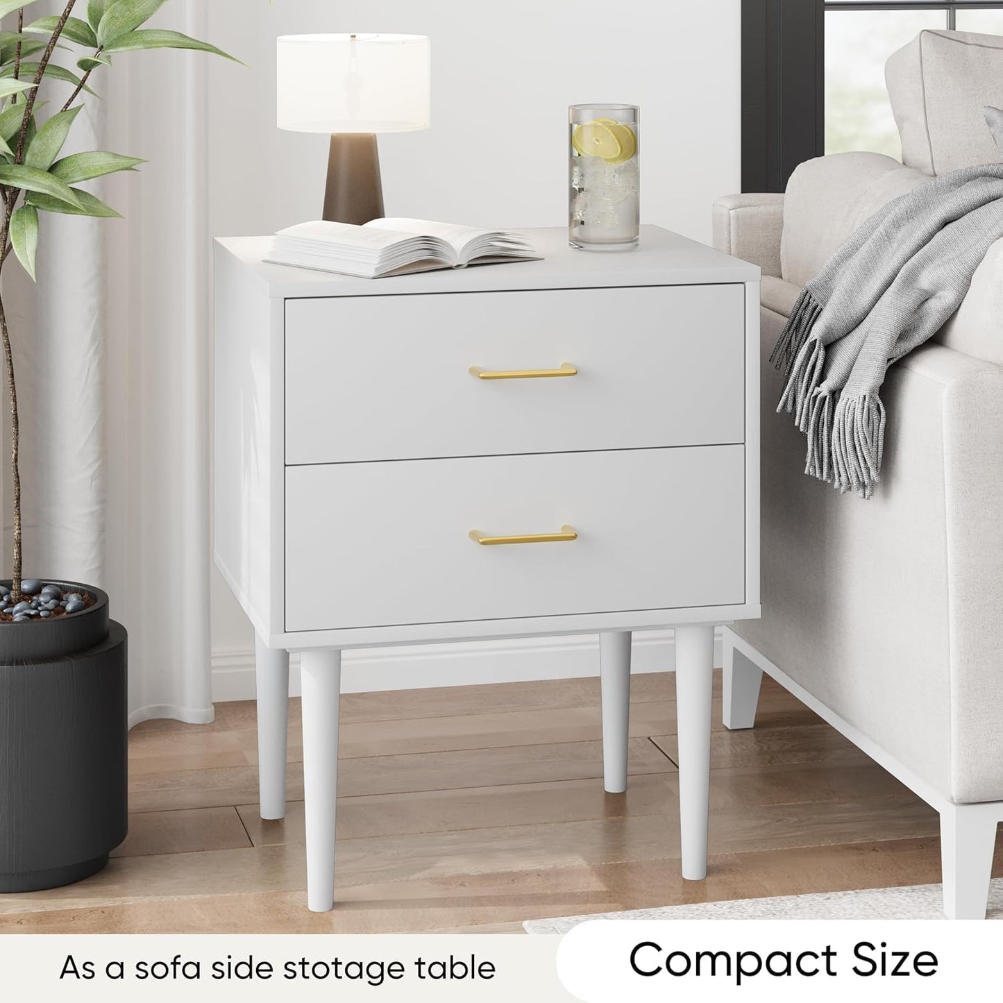 Smart FENDE 26 inch Tall White Nightstand with 2 Drawers, Modern Night Stand Set of 2, Mid-Century Modern End Table, Wooden Bedside Table with Solid Wood Leg for Bedroom