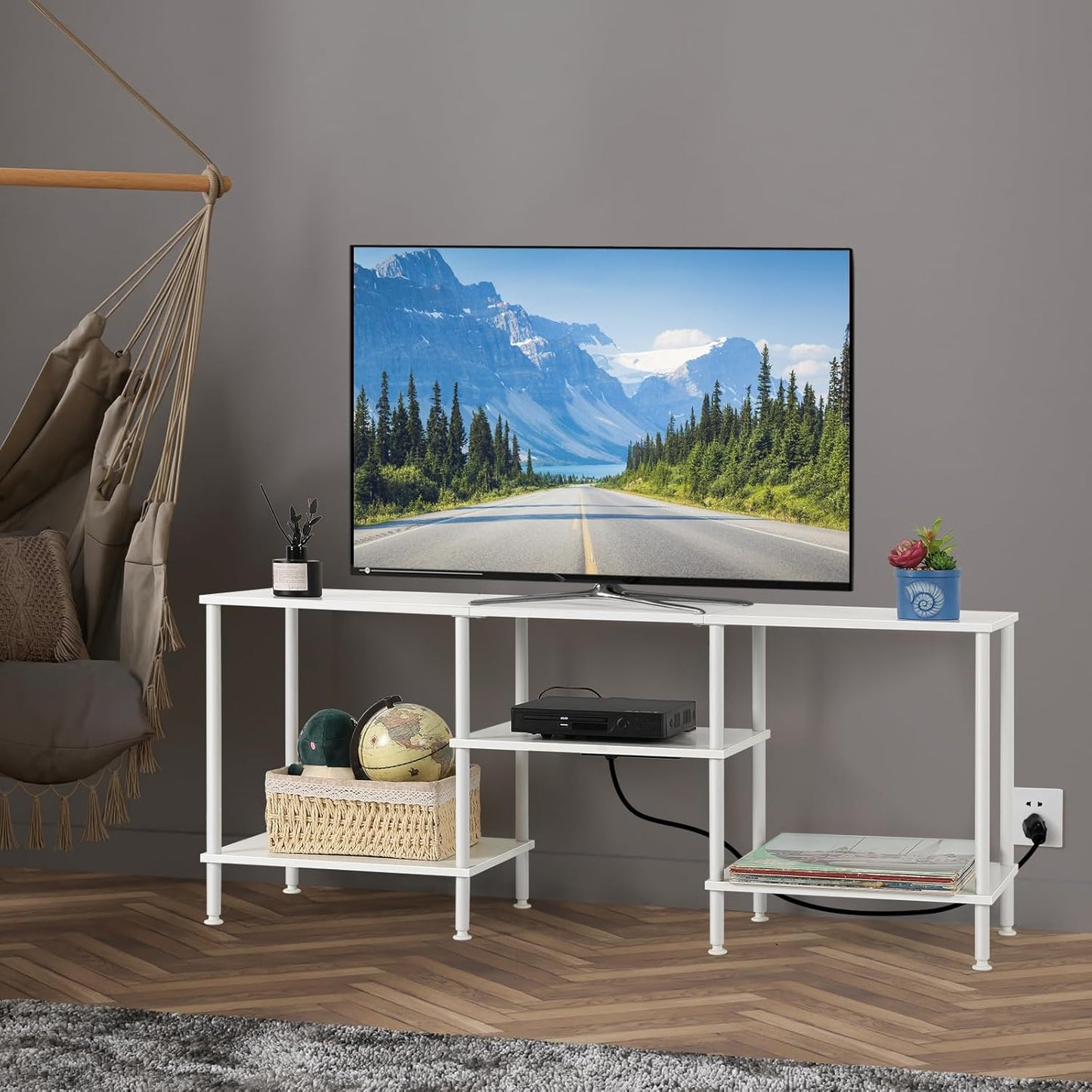 BTY White TV Stand with Storage, Wood Entertainment Center with Power Outlet, 3 Tier Small TV Table with Open Shleves for Living Room, Bedroom, Small Space, up to 50 inch TV