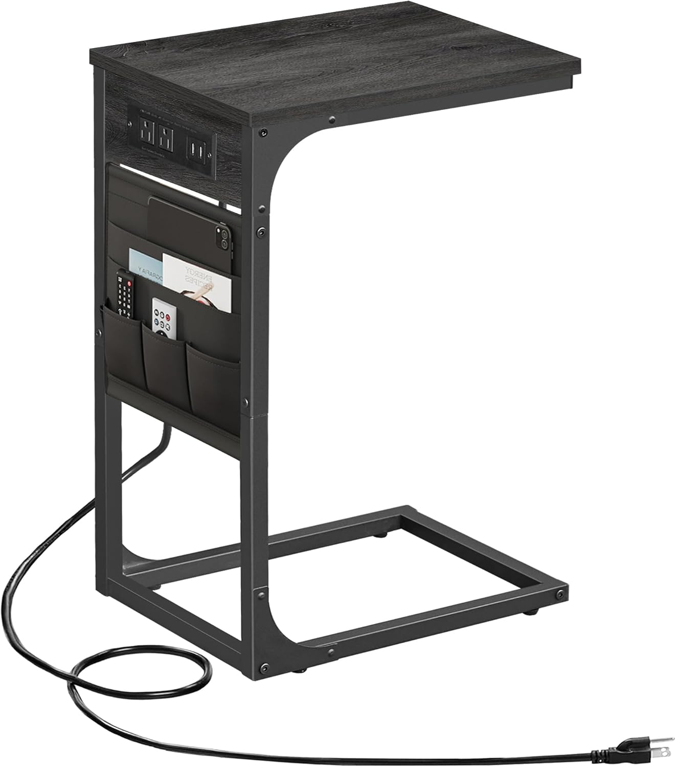 TUTOTAK C Shaped End Table with Charging Station, Side Table for Sofa, Couch Table with Storage Bag, TV Tray Table with 2 USB Ports and Outlets for Living Room, Bedroom, TB01BY024