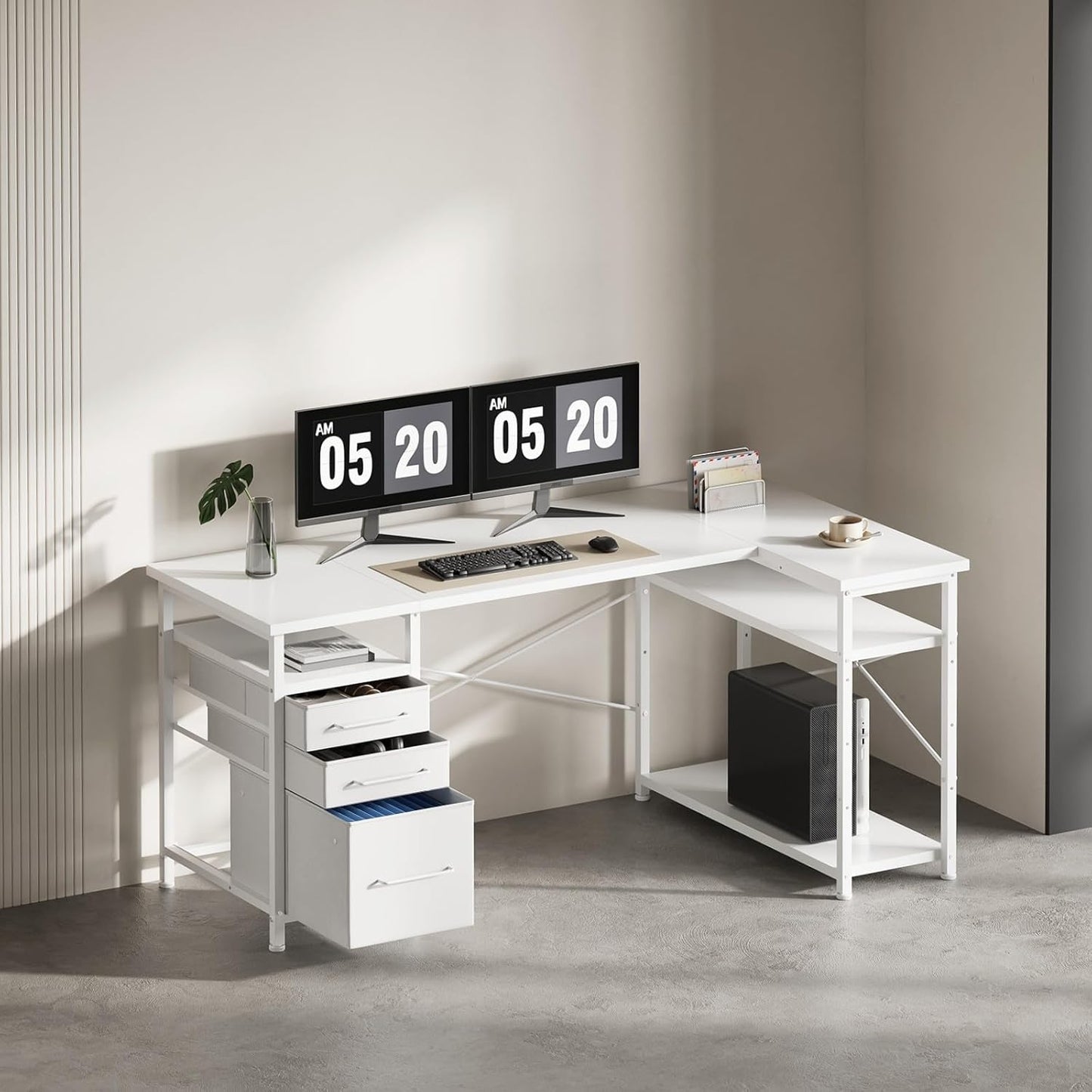 55" Computer Desk with Drawers, Desks for Bedrooms, Writing Desk with Storage, Work Desk for Small Space, White