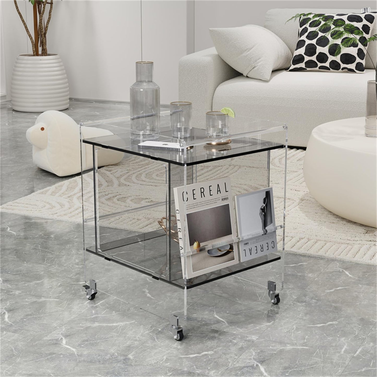 Transparent Acrylic Mobile Side Table with Wheels - Multifunctional Storage & Stylish Home Decor (Grey)