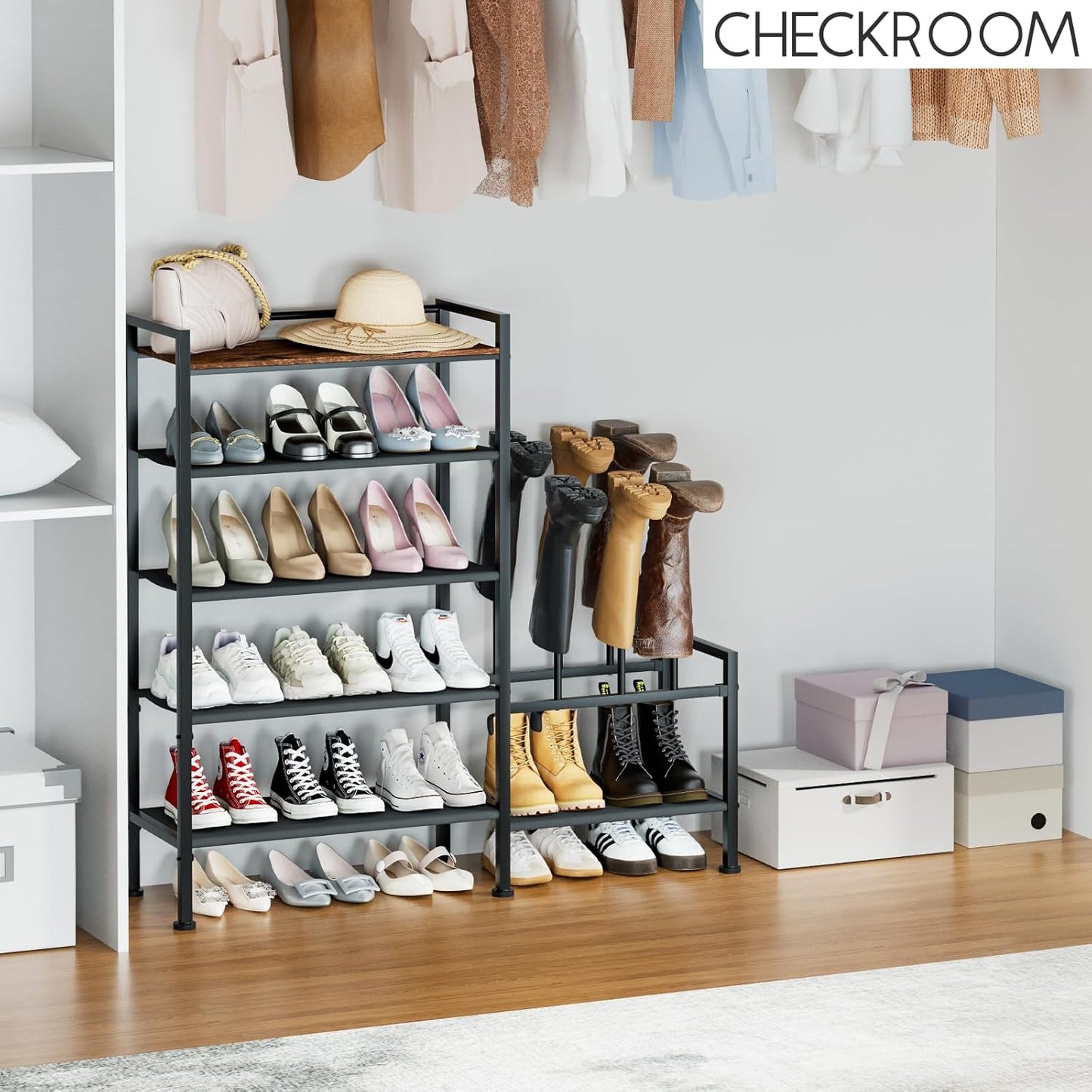 Shoe Rack Organizer and Storage - 5 Tier Metal Shoe Rack with Boot Storage & Side Any Combination - Space Saving Shoe Shelf for Entryway, Bedroom, Closet, Garage, Small Spaces