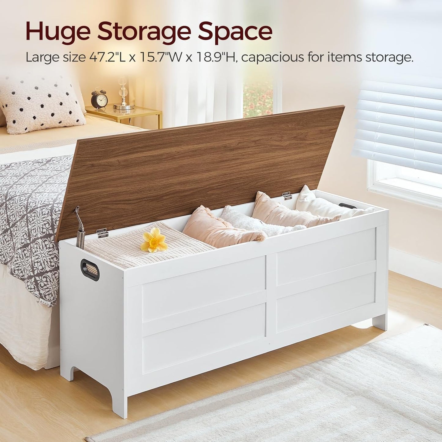 Storage Chest, 47.2” Large Toy Chest, Entryway Storage Trunk, Storage Bench with Safety Hinge, Entrance Bench for Living Room, Entrance, Bedroom, White+Walnut SCBZ48901