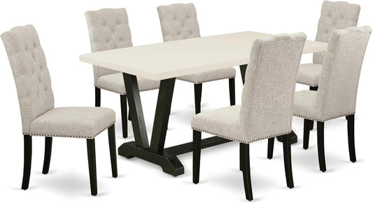 East West Furniture V627EL635-7 7 Piece Kitchen Table Set Consist of a Rectangle Dining Table with V-Legs and 6 Doeskin Linen Fabric Parson Dining Room Chairs, 40x72 Inch, Multi-Color