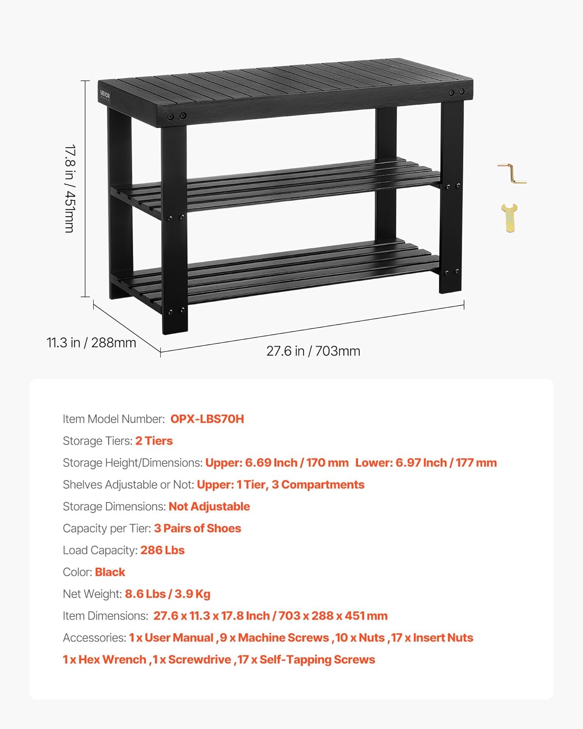 VEVOR Shoe Rack Bench, 3-Tier Bamboo Entryway Bench, Shoe Storage Organizer Holds Up to 286 lbs, 27.6 x 11.3 x 17.8 Inches, for Front Door, Hallway, Living Room, Bedroom, Black