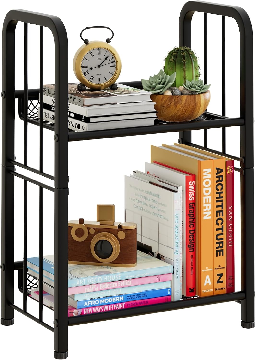 Bookshelf Storage Shelf Bookcase Freestanding Storage Stand for Living Room, Bedroom, Kitchen, Rust Resistance, Easy Assembly Free Combination Multi-Functional Organizer (2 Tiers, Black)