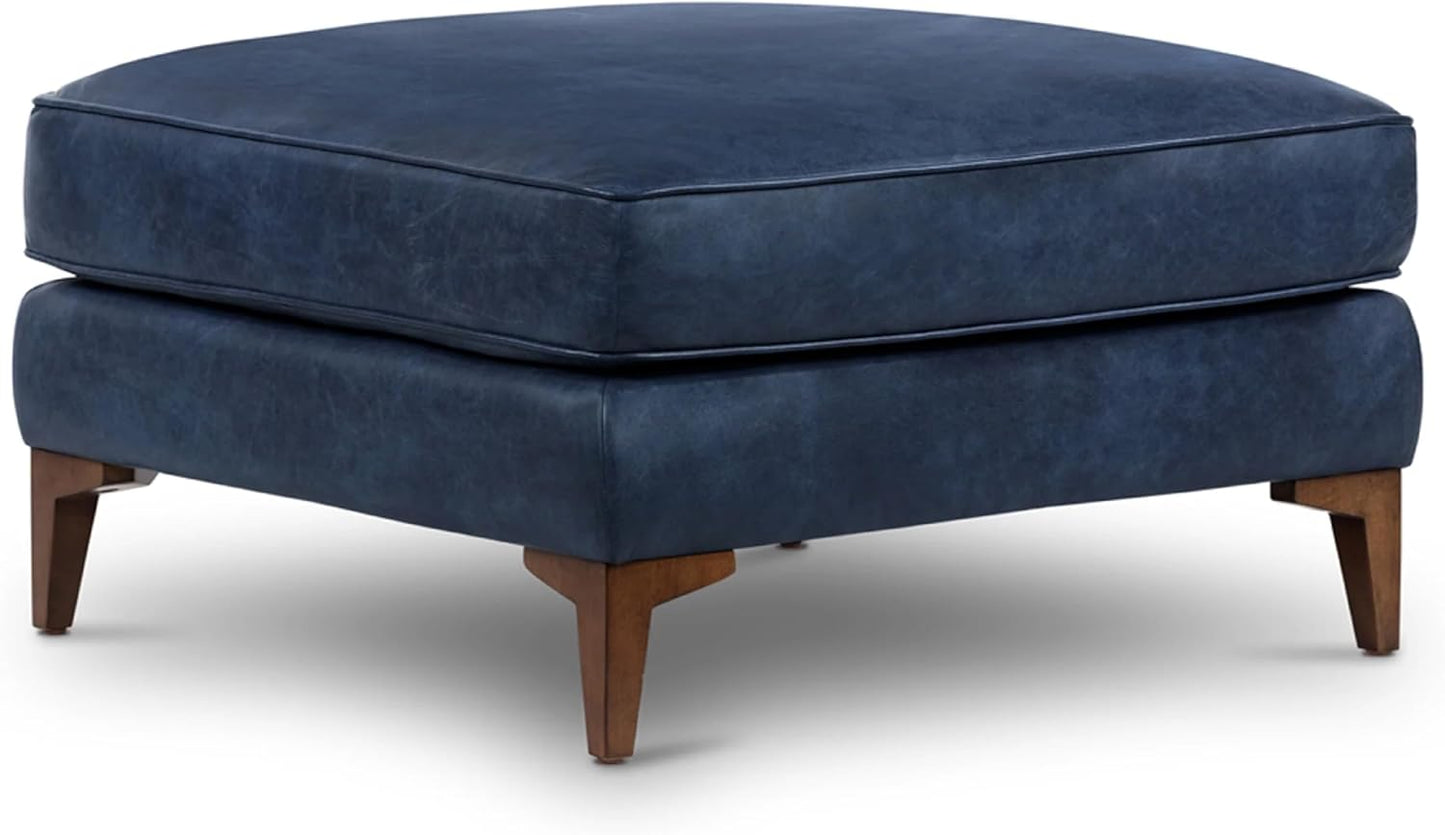 POLY & BARK Essex Ottoman - 35” Large with Feather-Down Topper - Full-Grain Leather Upholstered Ottoman - Couch for Living Room - Vintage Italian Leather in Midnight Blue