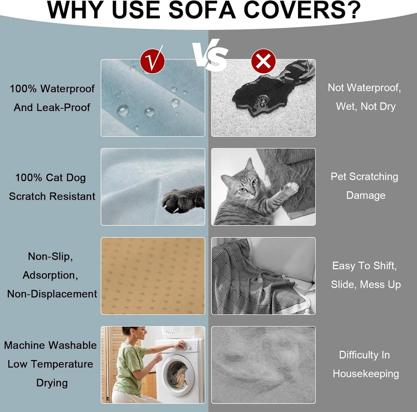 STACYPIK Waterproof Sky Blue Loveseat Couch Cover for Sectional, Couch Cover for Dogs, Anti-Slip Anti-Cat Scratch Furniture Protector for 2 Cushion Couch, Modern Couch Cushion Covers for Pets-71X90IN