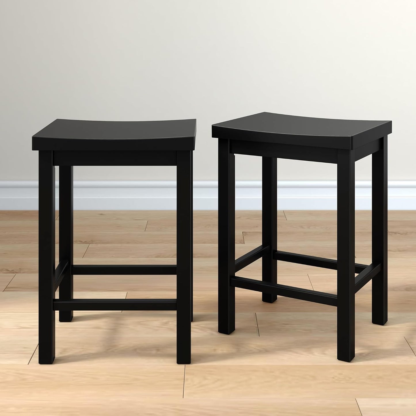 Grain & Grove Smith Collection Set of 2 Solid Wood Counter Height Bar Stools, 24-Inch Saddle Seat Backless Stools, Ideal for Kitchen Island, Dining, or Home Bar Seating, Black