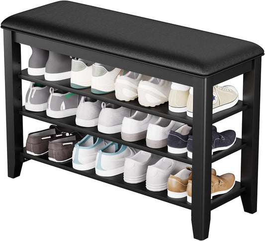 Entryway Shoe Storage Bench with Leather Cushion, Shoe Organizer Bench for Entryway, Ideal for Hallways Front Doors Entrances Mudrooms Featuring Rubberwood And 3 Height-Adjustable & Removable Shelve