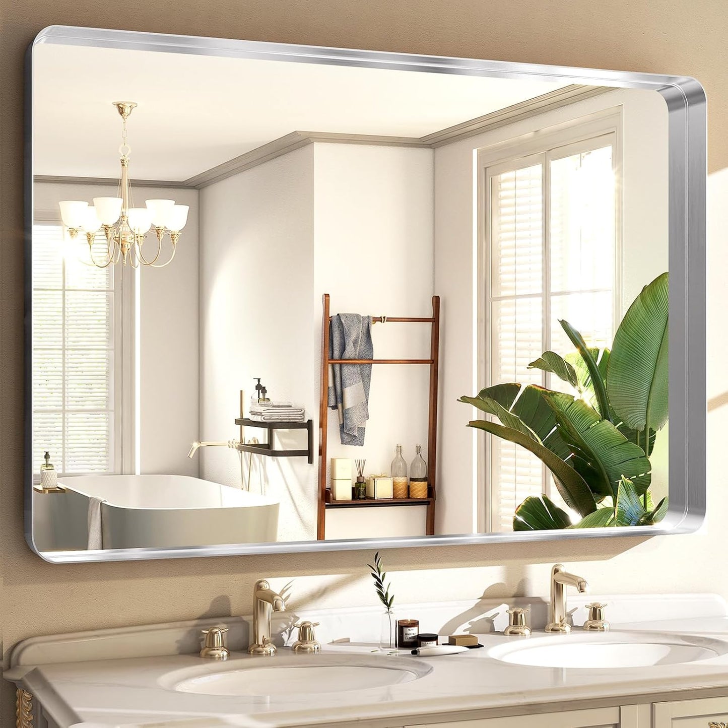 Silver Bathroom Mirror for Wall, 40x30 Inch Rectangular Aluminum Alloy Framed Mirror, Modern Wall Mounted Vanity Mirror for Bathroom, Vertical or Horizontal