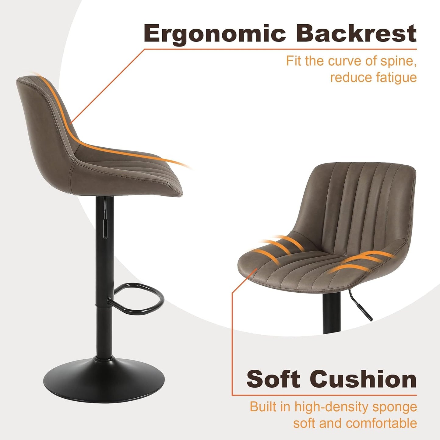 Bar Stools Set of 3, Swivel Counter Height Barstools with Back, Adjustable PU Leather Bar Chairs, Modern Armless Kitchen Island Stool, Brown