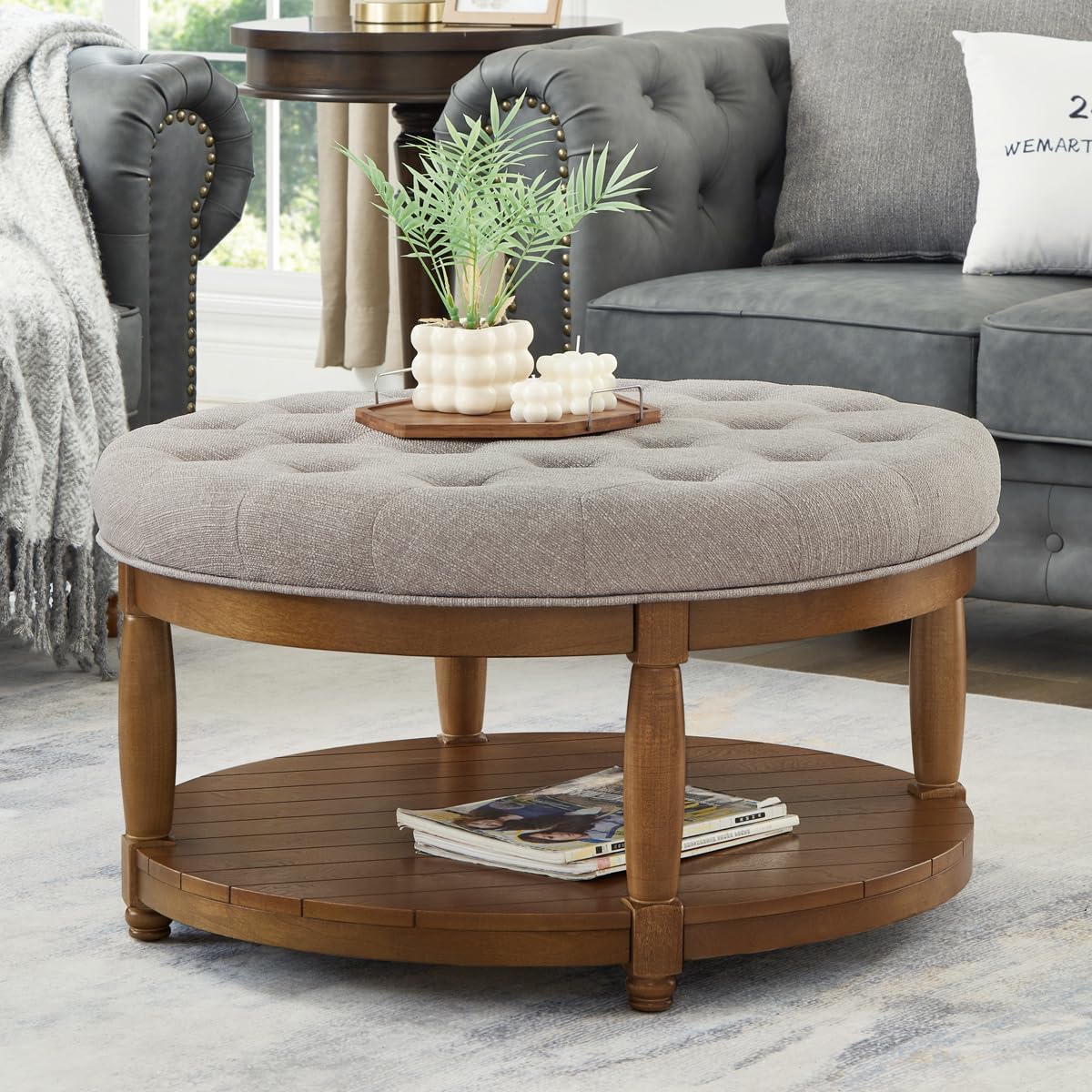 24KF Upholstered Round Coffee Table with Wooden Shelf, Tufted Button Large Round Ottoman with Spindle Wooden Legs, Linen Large Footrest Ottoman Pouf for Living Room, Linen