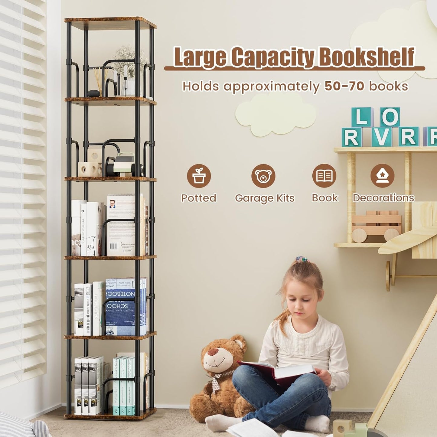 5 Tier Square Rotating Bookshelf, 360 ° Display Stackable Spinning Bookshelf Tower, Space Saving Tall Floor Standing Swivel Bookcase Corner Storage Organizer for Living Room, Rustic Brown, Small Size
