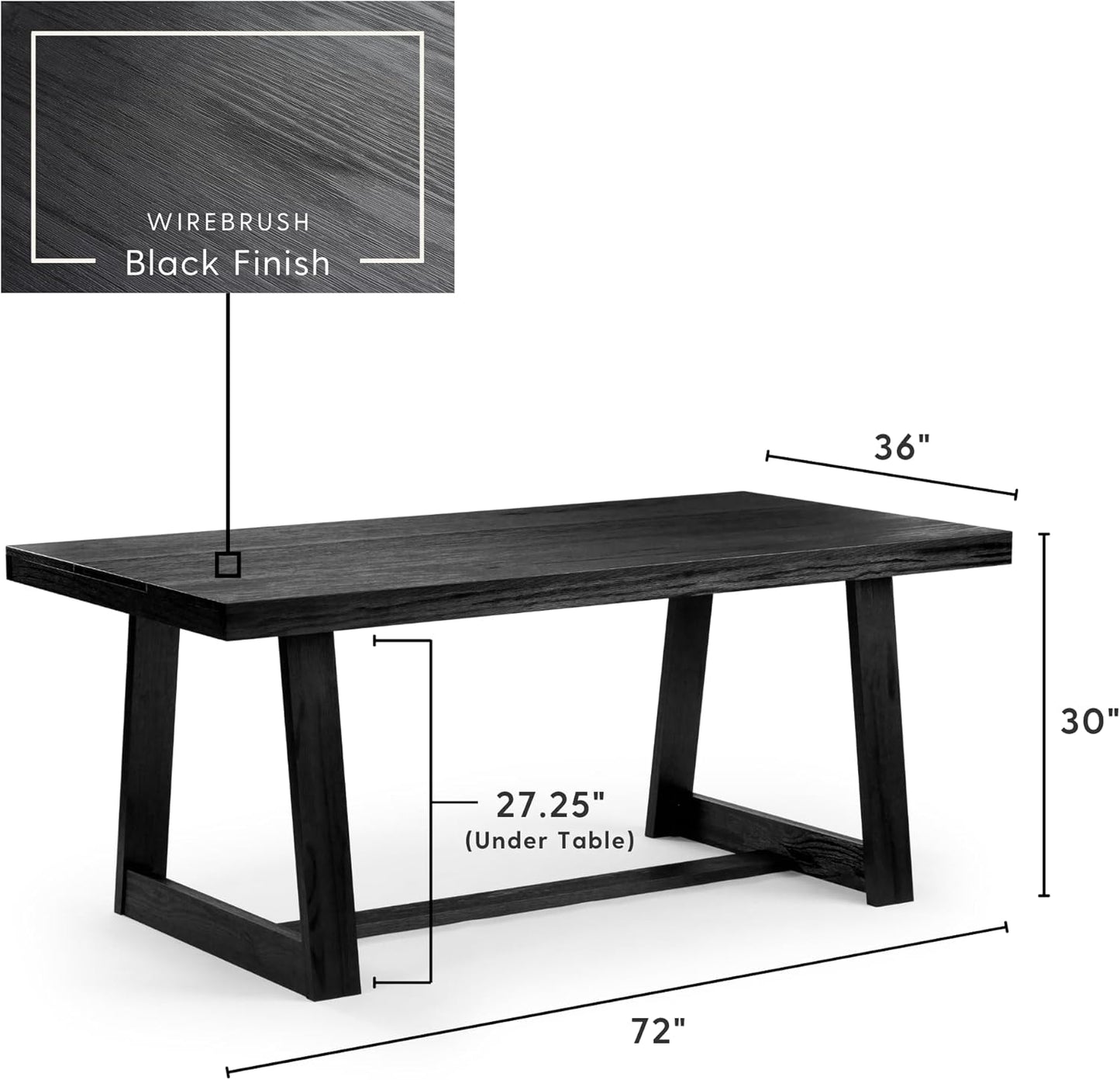 Plank+Beam 72 Inch Farmhouse Dining Table, Solid Wood Rustic Kitchen Table, Large Wooden Rectangular Dinner Table for Dining Room, Home Office, Living Room Furniture, Easy Assembly, Black Wirebrush