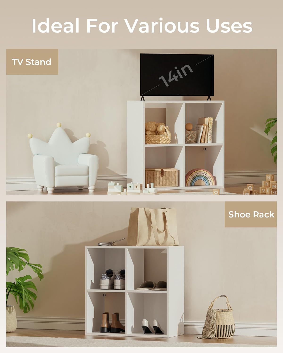 GTPLAYER 4-Cube Storage Organizer, Fits 11" Bins, Vertical or Horizontal Use, Opening Bookshelf, Partial Back Panels, Stackable Design Bookcase, for Desk, Vanity, Entryway, White