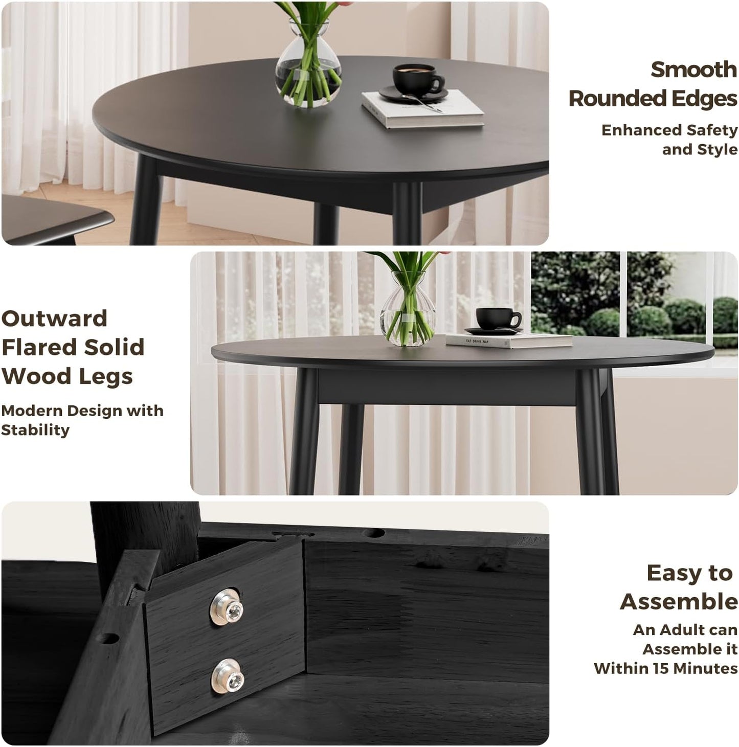 DELAVIN 31.5" Solid Wood Round Dining Table for 4, Mid Century Small Kitchen Table for 2-4, Modern Office Table for Living Room, Dining Room, Dinette, Easy Assembly, Space Saving, Black