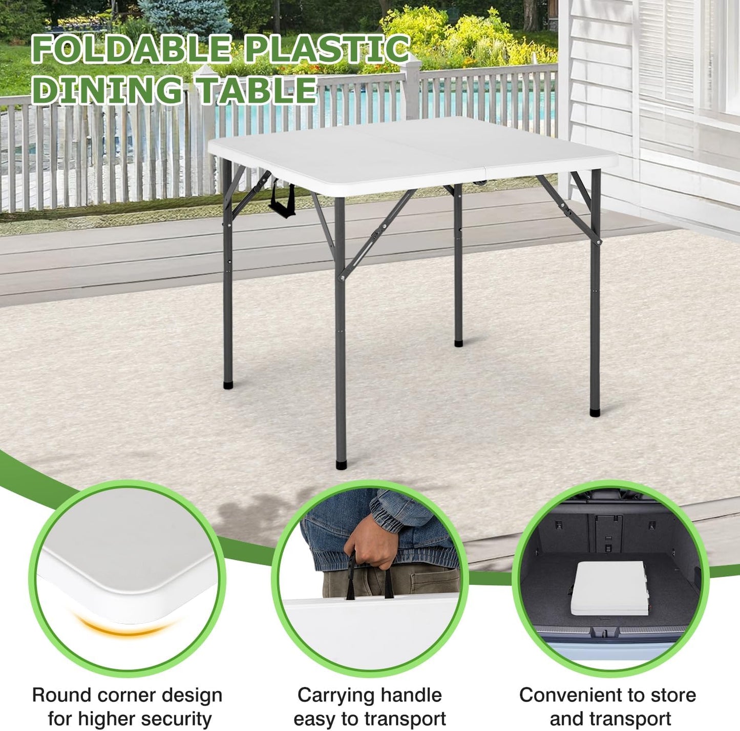 BestOffice Outdoor 34" Folding Card Table Plastic Table Portable Square Height Dining Table Perfect for Picnics,Parties,Party and Camping, White