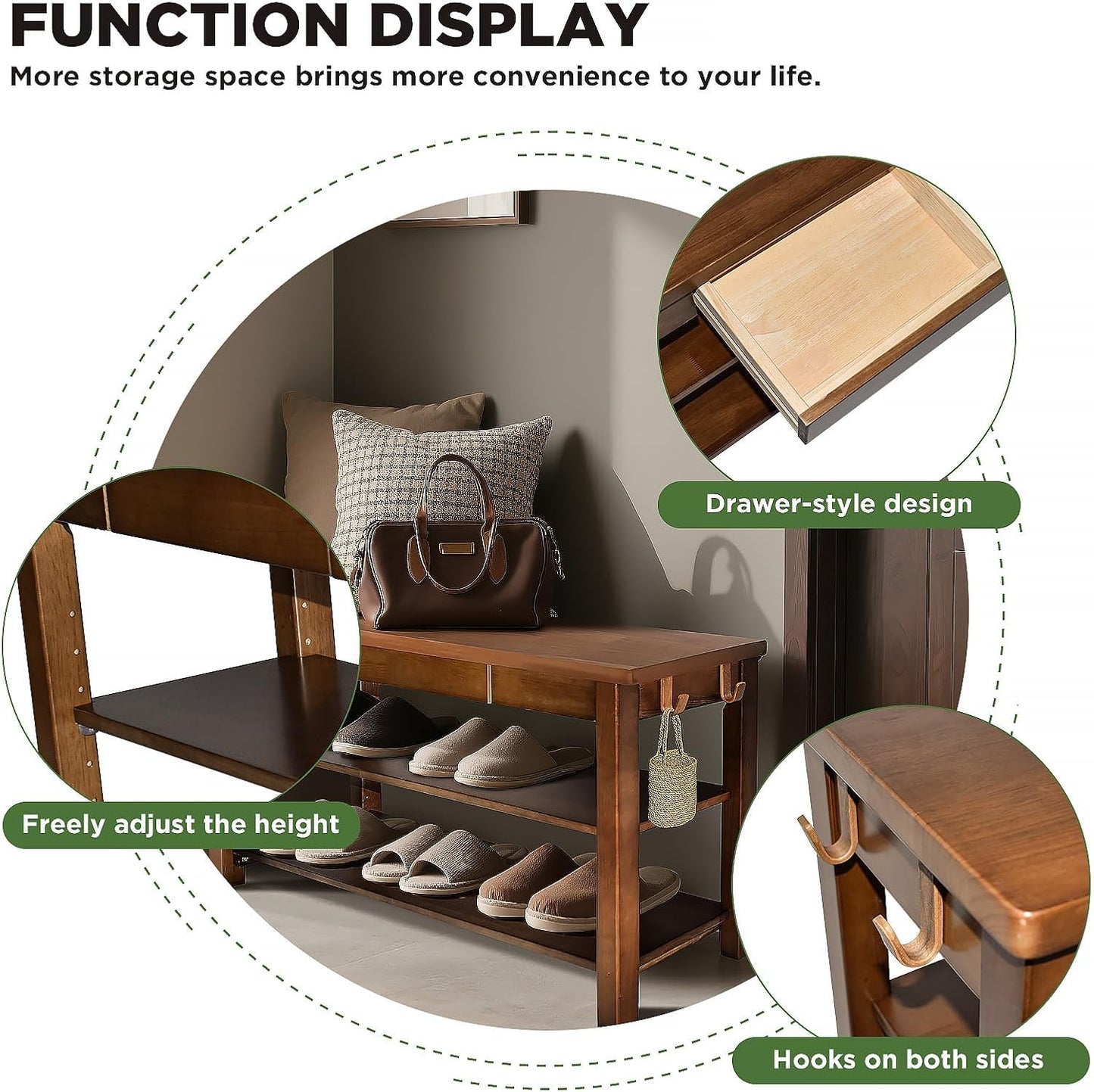 Wood Shoe Bench Entryway with Drawer: 2-Tiers Wooden Storage Shoe Rack with Bench Seat, Compact Mid-Century Modern Design for Entryway, Hallway,Closet,Front Door Entrance,Foyer Walnut 31.5"