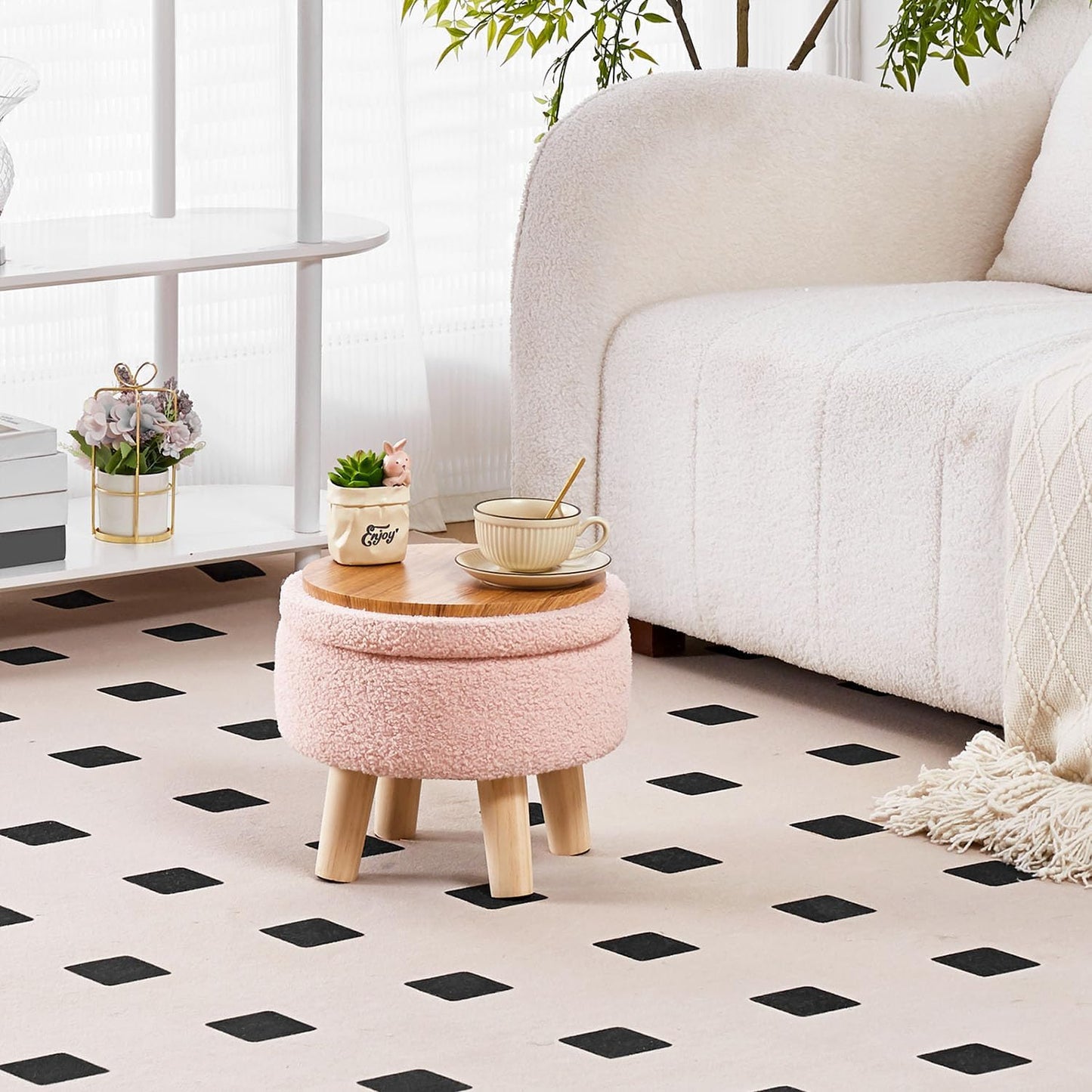 Wimarsbon Storage Ottoman, Modern Round Footrest with Soft Padded Seat, Teddy Velvet Footstool with Wood Legs, Accent Small Table or Plant Stand for Hallway, Living Room (Pink)