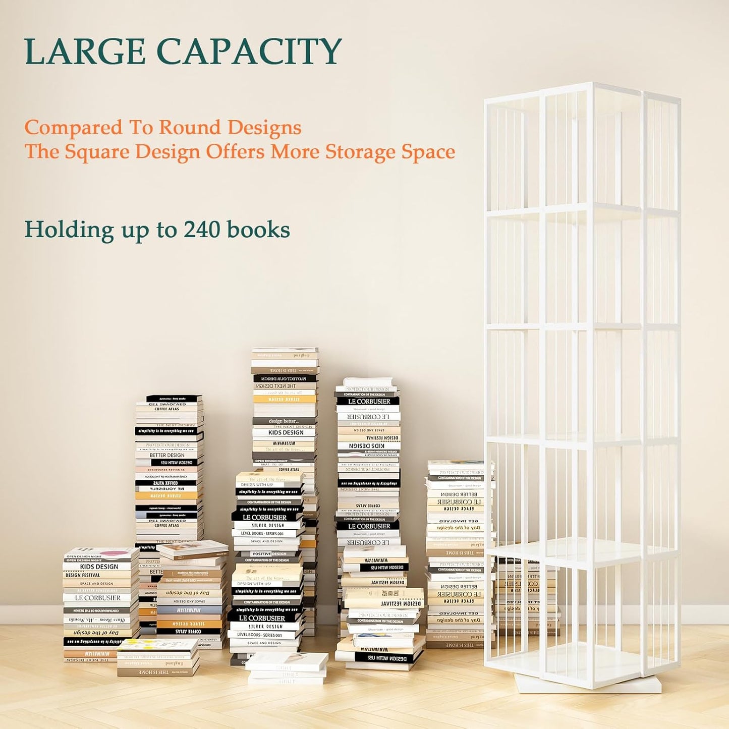 Square Rotating Bookshelf Tower - 360 Spinning Display Corner Bookcase for Narrow Space, Modern 5-Tier Revolving Storage Shelf, White