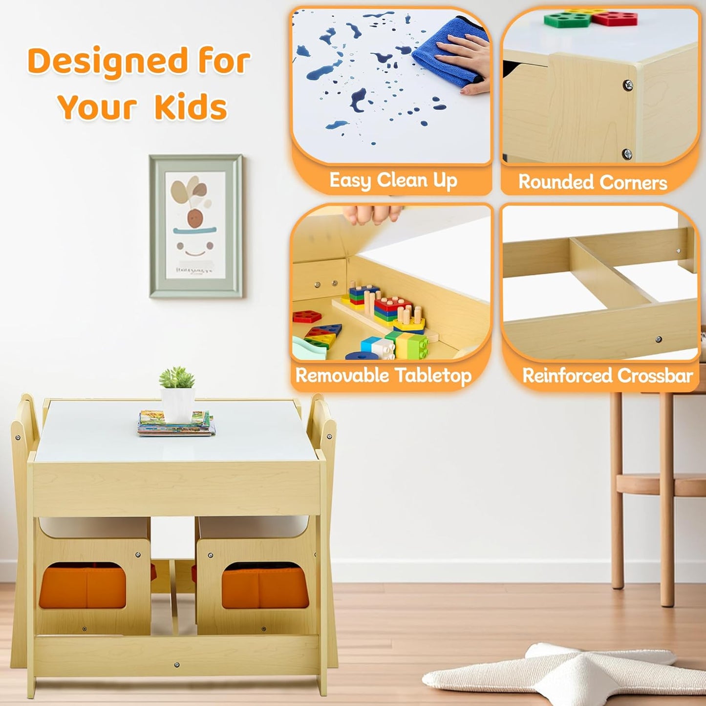 Kids Table and Chairs Set, 4 in 1 Wooden Kids Table with Reversible Tabletop, Children Activity Table with Removable Tabletop Storage, Toddler Table and Chair Set for Home, Nursery, Playroom
