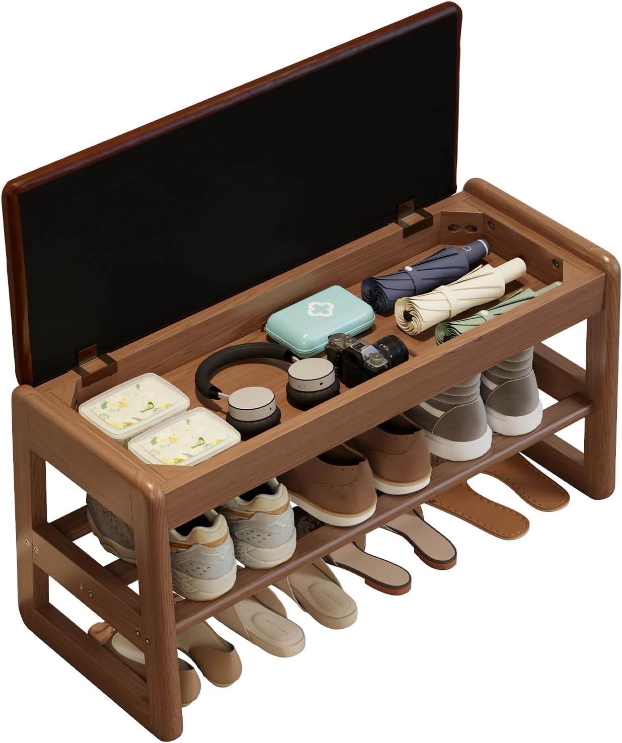 Shoe Rack Bench with Leather Cushion,2 Tiers Shoe Bench with Flip-Top Storage,Wood Shoe Rackh for Entryway,Hallway（Orange,31.5"）