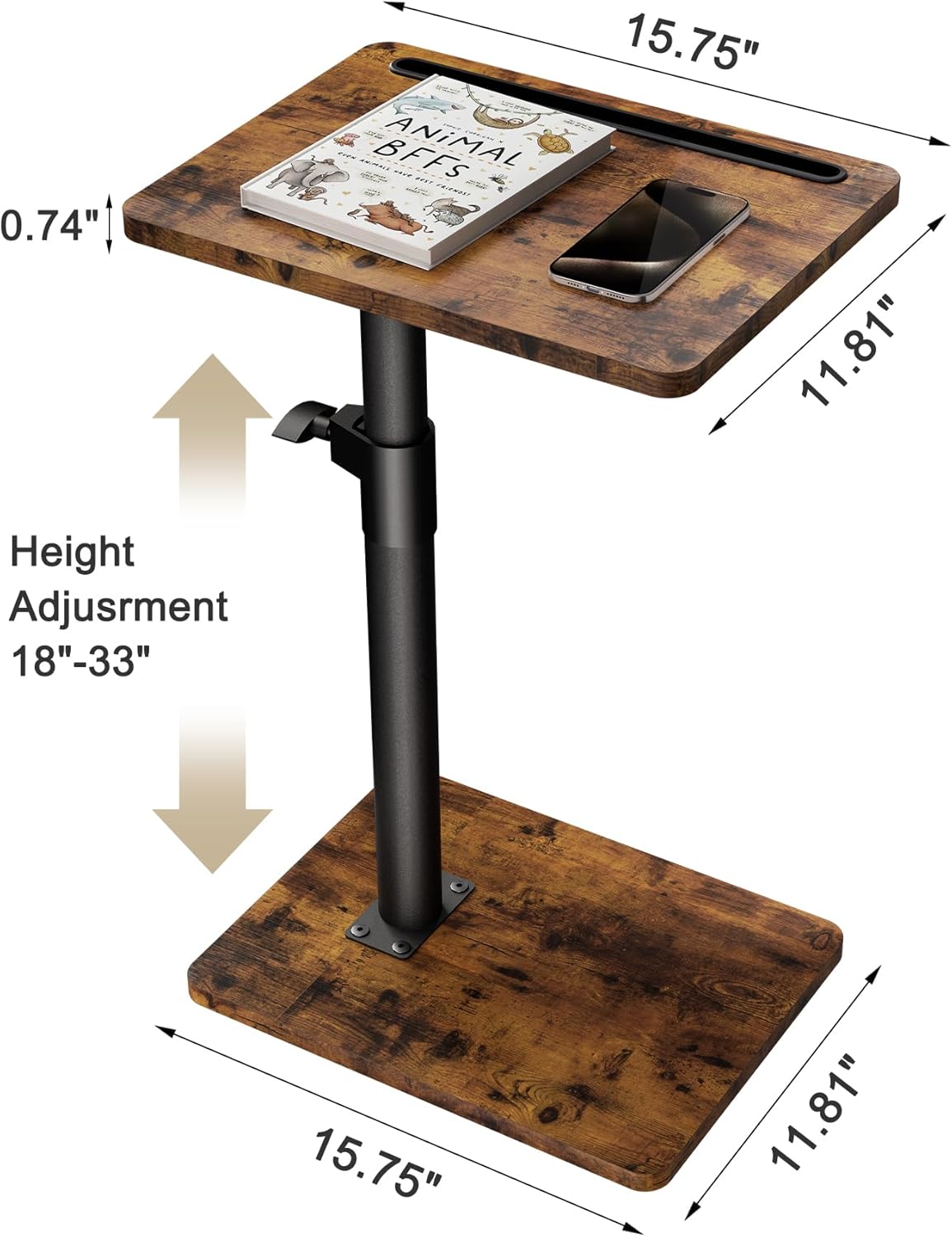 Sofa Armrest Tray Table for Couch - 360° Swivel Height Adjustable End for Small Spaces, Snack Side Table for Bed or Chair with Phone & Tablet Slot (Rustic,Standard)