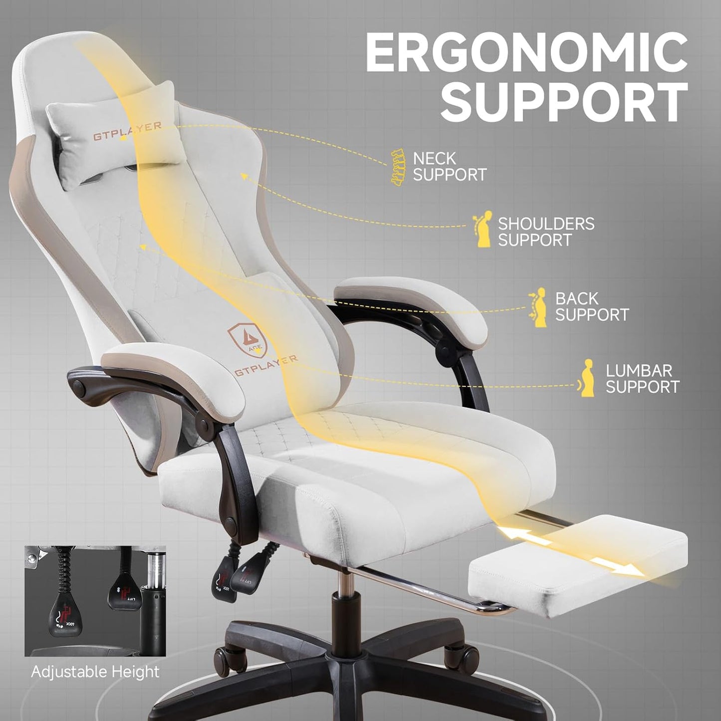 GTPLAYER Office Chair, Gaming Computer Desk Fabric Chair with Footrest, High Back Ergonomic Office Chair with Pocket Spring Lumbar Support and Linkage Armrests Adjustable Height Swivel for Home Task