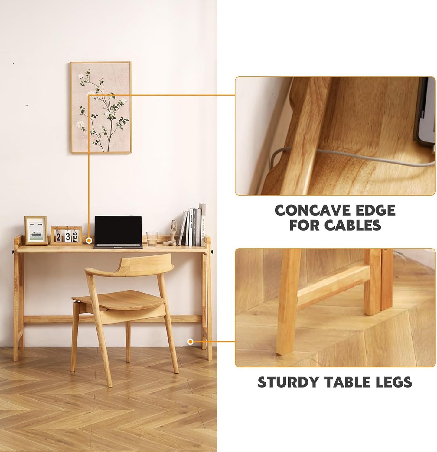 Solid Wood Folding Desk Mid Century Modern Table, 47'' Foldable Writing Computer Desk for Home Office, Simple Study Makeup Workstation, Wooden Study Office Desk Table for Small Spaces, Natural Color