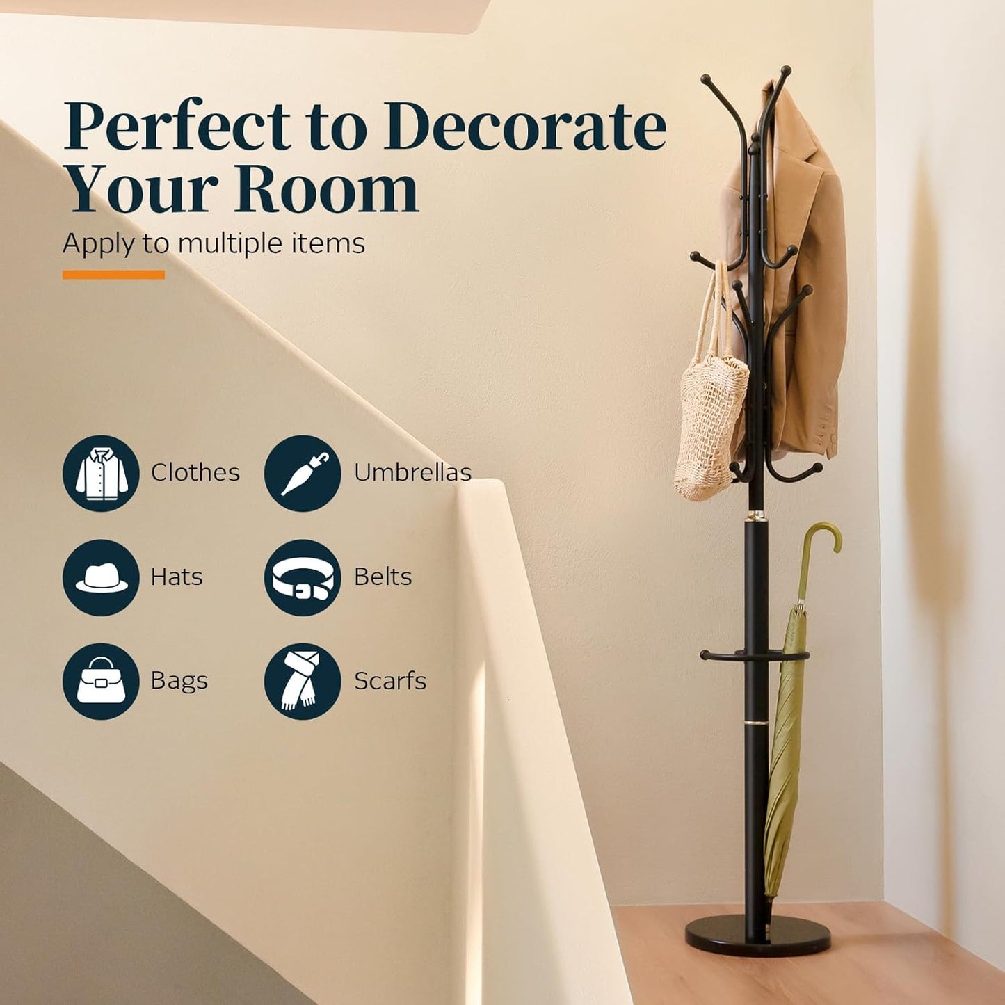 Yoobure Metal Coat Rack Freestanding with Marble Base, Coat Tree with 12 Hooks & Umbrella Holder, Coat Hanger Stand for Corner Entryway Bedroom Office, Heavy Duty Coat Rack Stand for Clothes Hats Bags