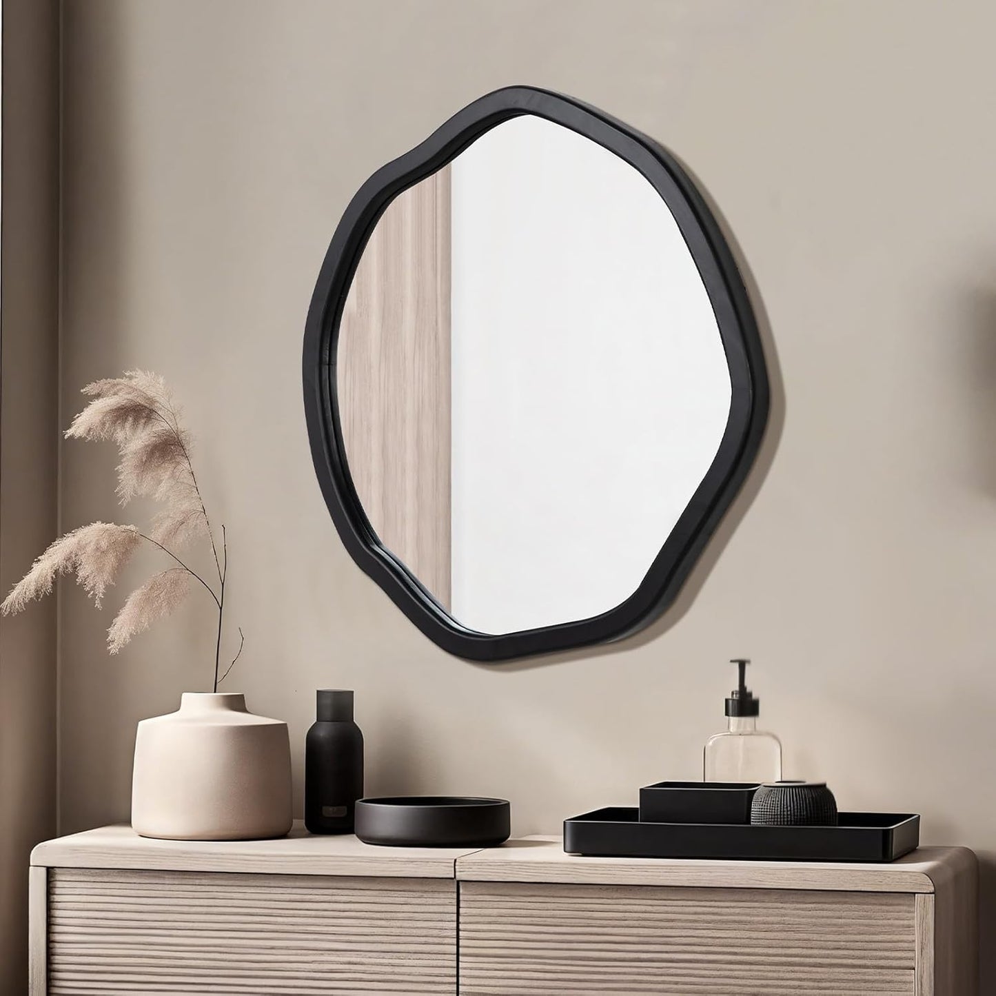 ULIKE Round Wood Mirror 24 Inch Circle Wall Mirror, Asymmetrical Bathroom Vanity Mirror with Wood Frame, Decorative Wall Mounted Mirror for Bedroom, Living Room, Entryway, Black