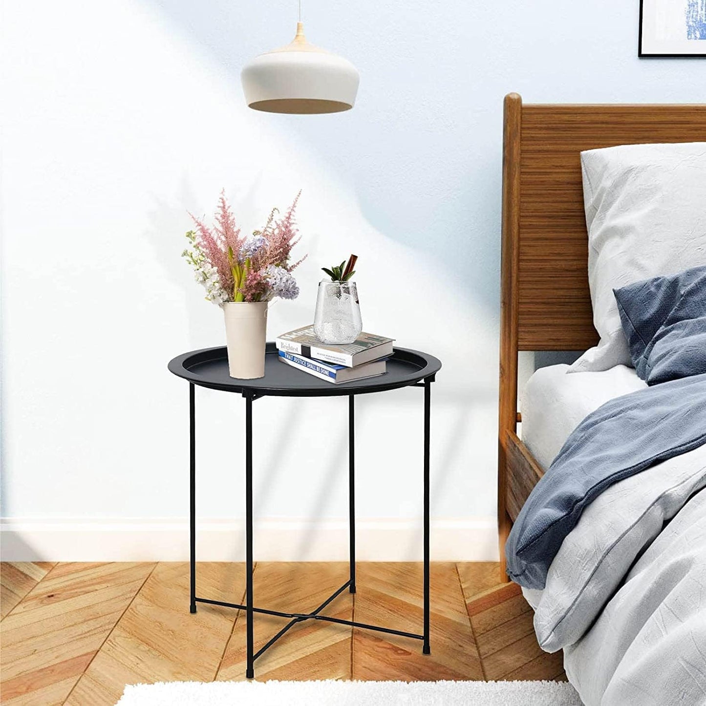 Garden 4 you End Table 2 PCS Metal Side Table Black Round Folding Tray Cyan Sofa Small Accent Fold-able Table, Round End Table Tray, Next to Sofa Table, Snack Table for Living Room and Bed Room