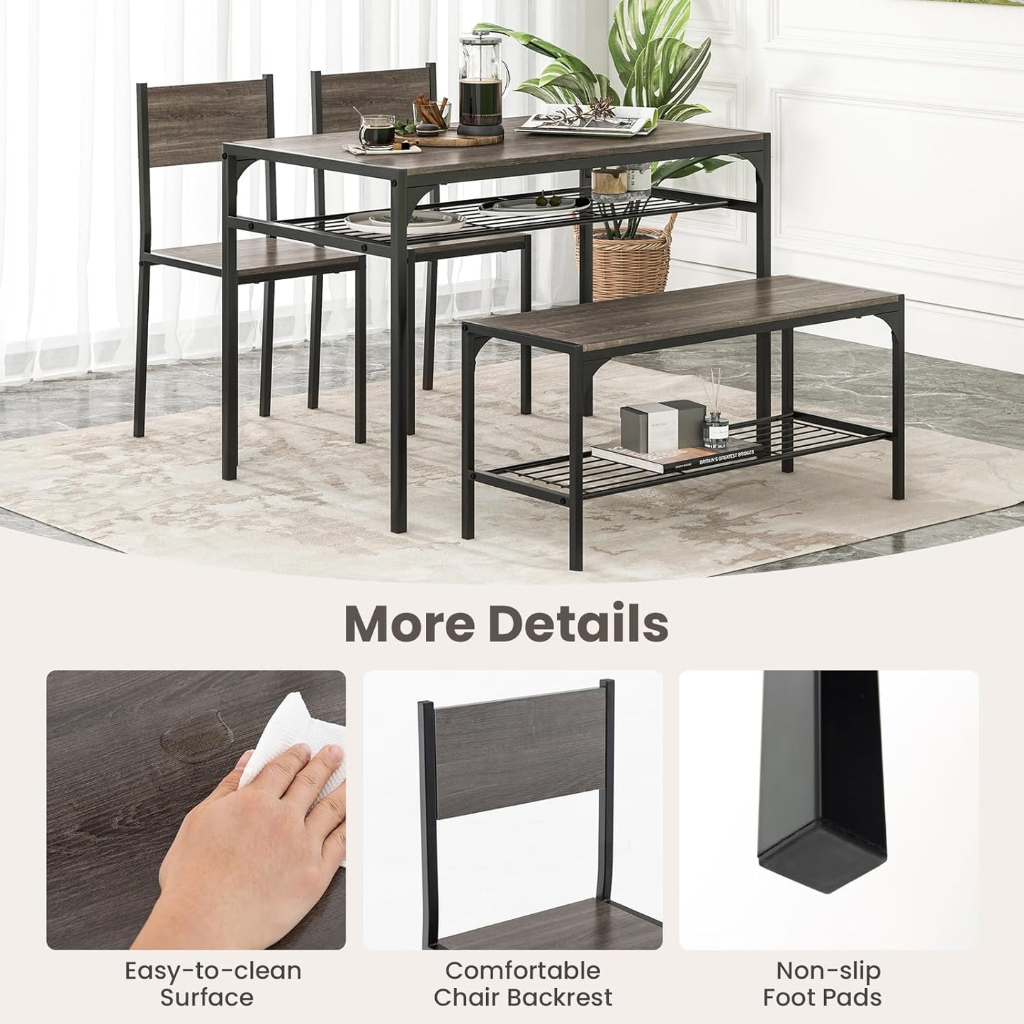 Tangkula Dining Table Set for 4, Kitchen Table and 2 Chairs for 4 with Bench, Additonal Storage Rack, 4 Piece Dining Table Set for Small Space, Apartment