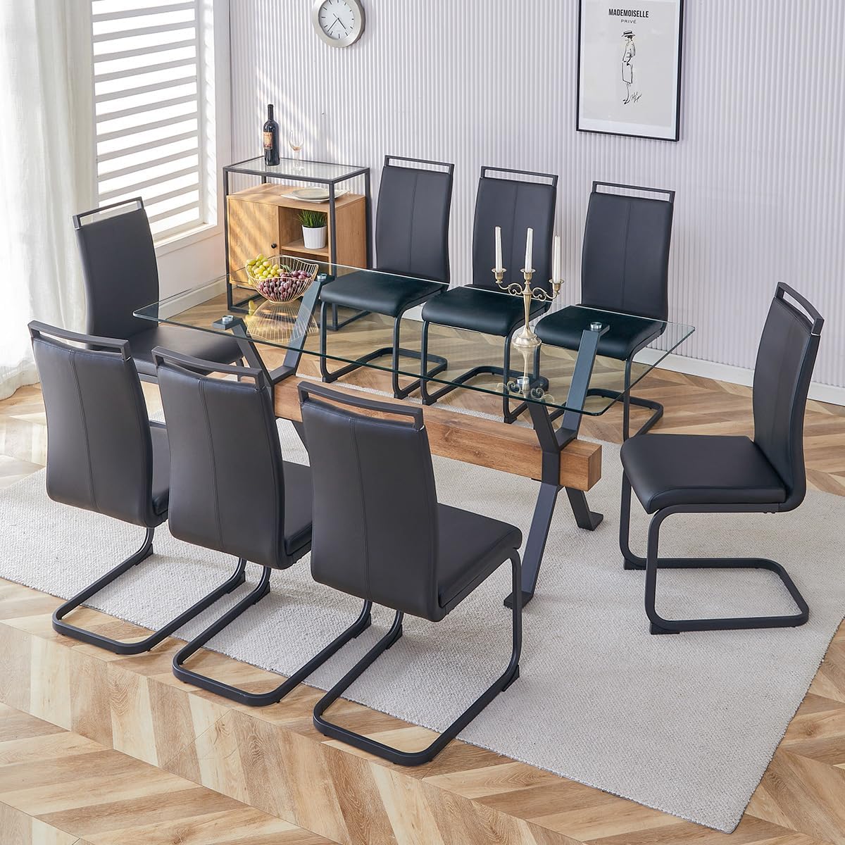 Modern Dining Chairs Set of 8, High Back Black Kitchen Chairs, Faux Leather Side Chair with Metal Legs, Easy to Clean Upholstered Dining Chairs, Ideal for Living Room(Black Leg)