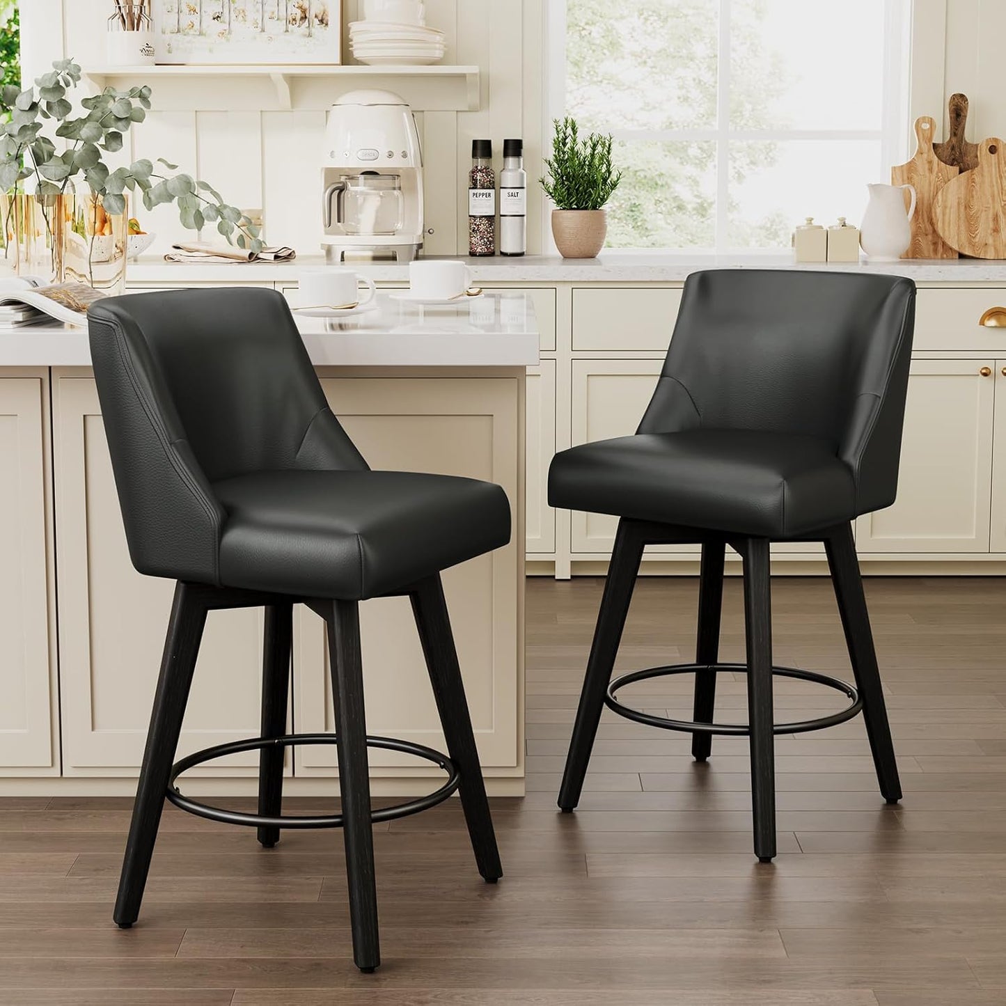 Vipbear Swivel Counter Height Bar Stools Set of 2,26.8" H Counter Stools with Back, Mid Century Modern Bar Stools for Kitchen Island,Faux Leather,Wooden Base, Black