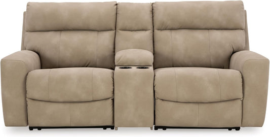 Signature Design by Ashley Next-Gen DuraPella Contemporary Faux Leather Modular Wall Hugger 3-Piece Power Reclining Sectional Loveseat with Console, Adjustable Headrest and USB Ports, Light Brown