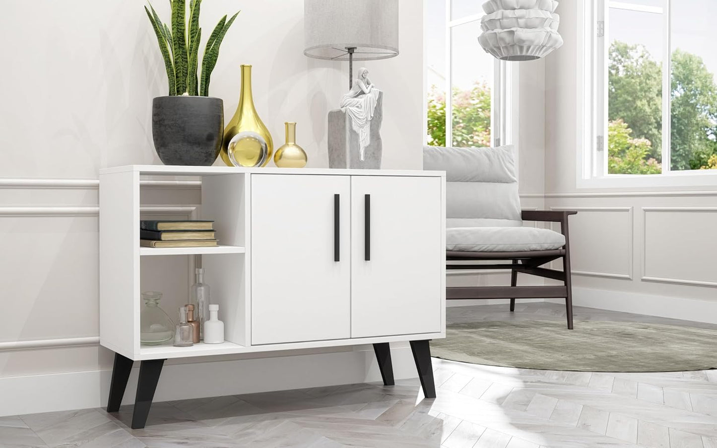 Manhattan Comfort Amsterdam Mid Century Modern Sideboard with 2 Open Cubby Spaces & 2 Concealed Shelves, Versatile and Functional Buffet Cabinet, Media Console for 32'' TV, Matte White