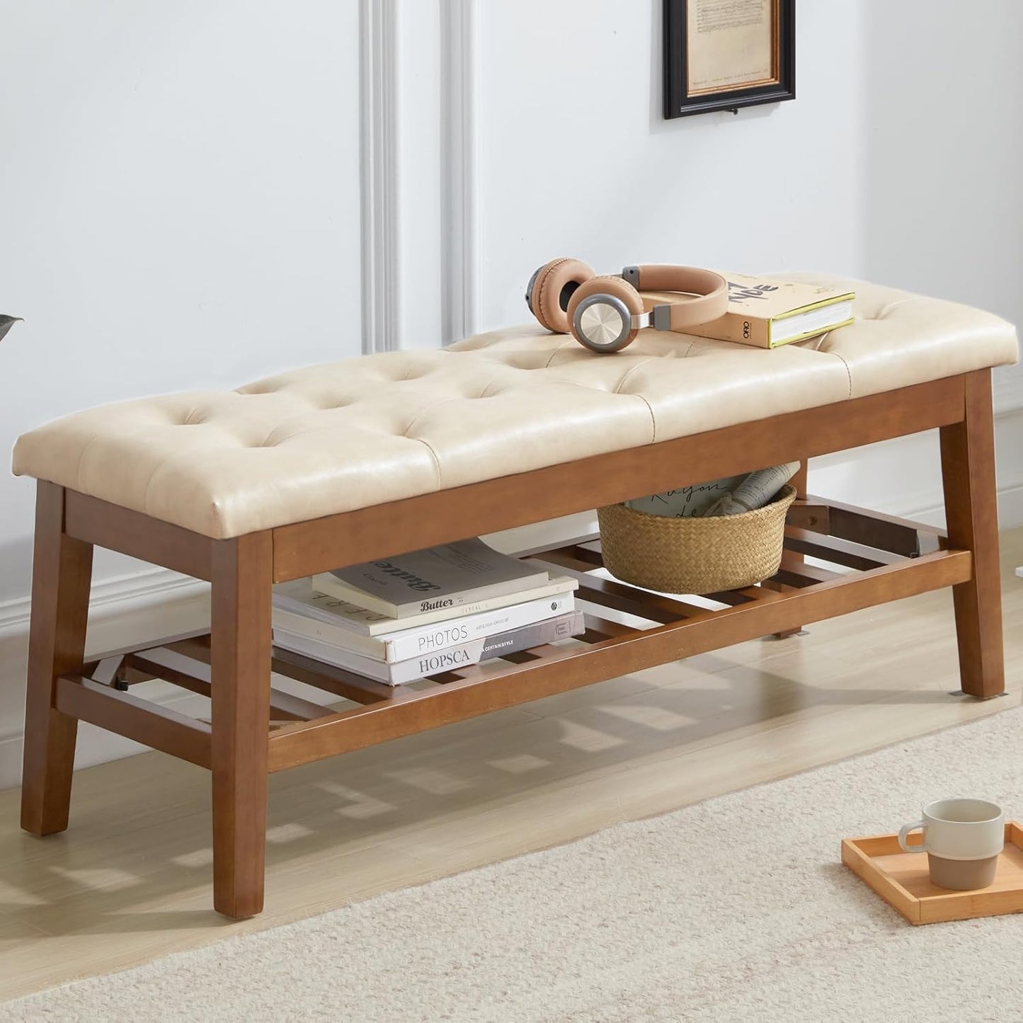 Upholstered Shoe Bench Entryway Bench for Bedroom, End of Bed, Ottoman Bench Tufted Padded Seat with Solid Wood Shelf for Living Room, Faux Leather Ivory