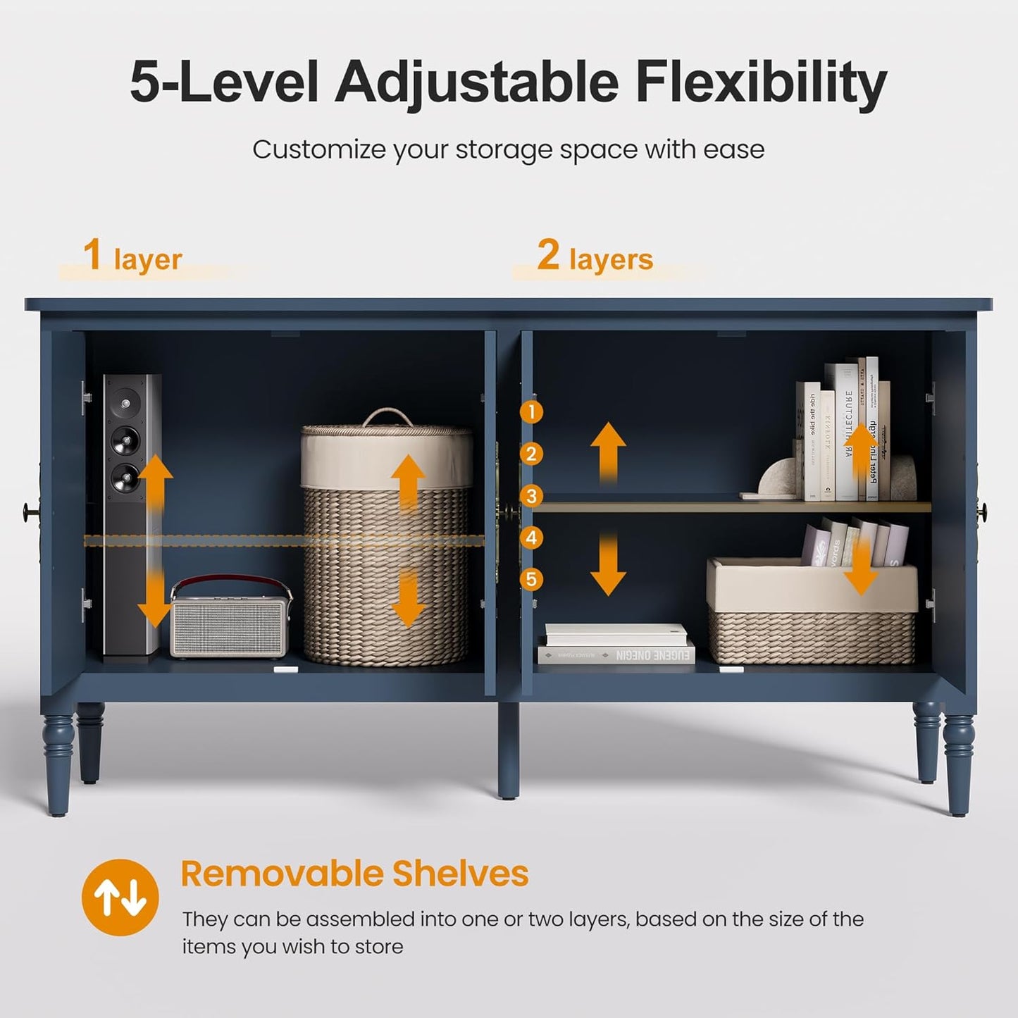 Console Cabinet, 58'' Mid Century Modern Pantry Cabinet, Wood Buffet Cabinet, Media Cabinet with 4 Doors, Accent Cabinet for Entryway, Living Room, Dining Room (Blue)