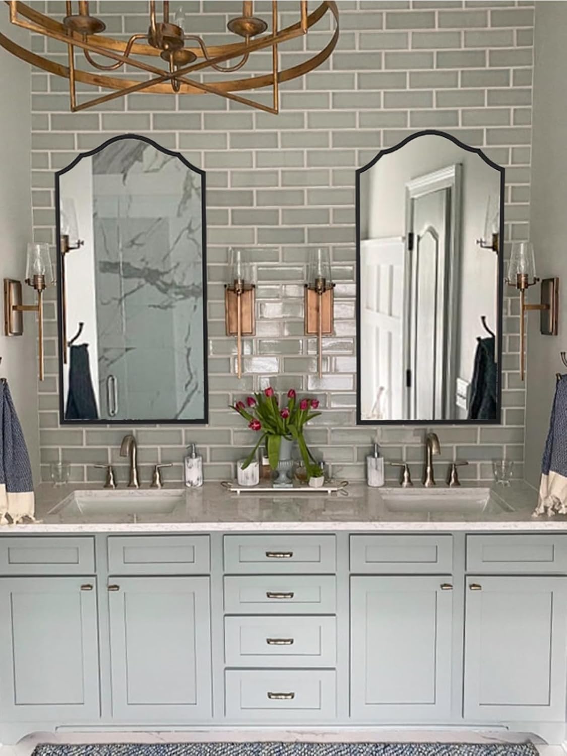 Arched Bathroom Mirror for Wall, 48"x24" Long Scalloped Entryway Mirror with Black Decorative Metal Frame for Living Room, Bedroom, Entryway