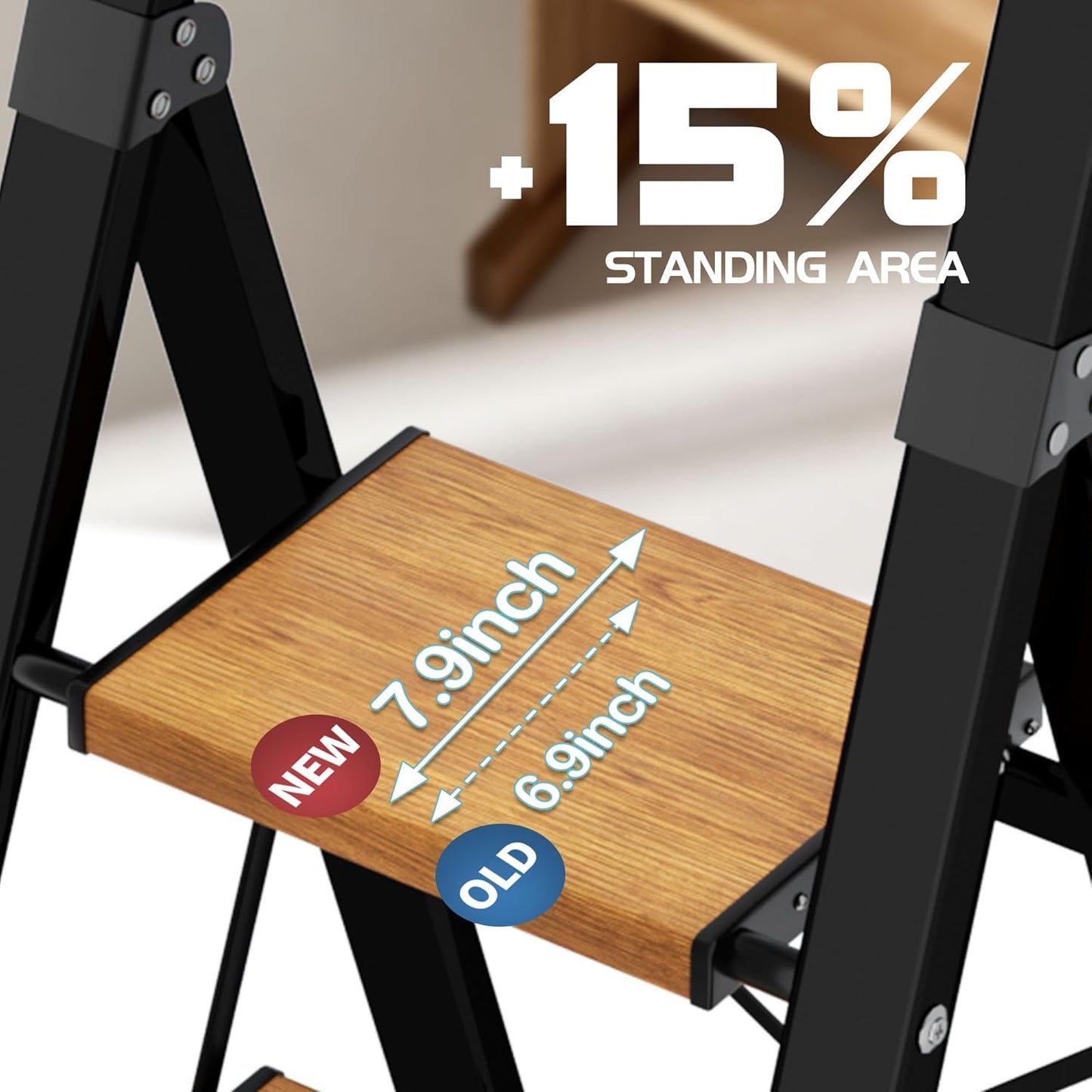 5 Step Ladder, Lightweight Folding Step Stool with Anti-Slip Aluminum Wide Pedal& Convenient Handgrip, 330lbs Capacity Steel Ladder for Household and Office (Black&Woodgrain)