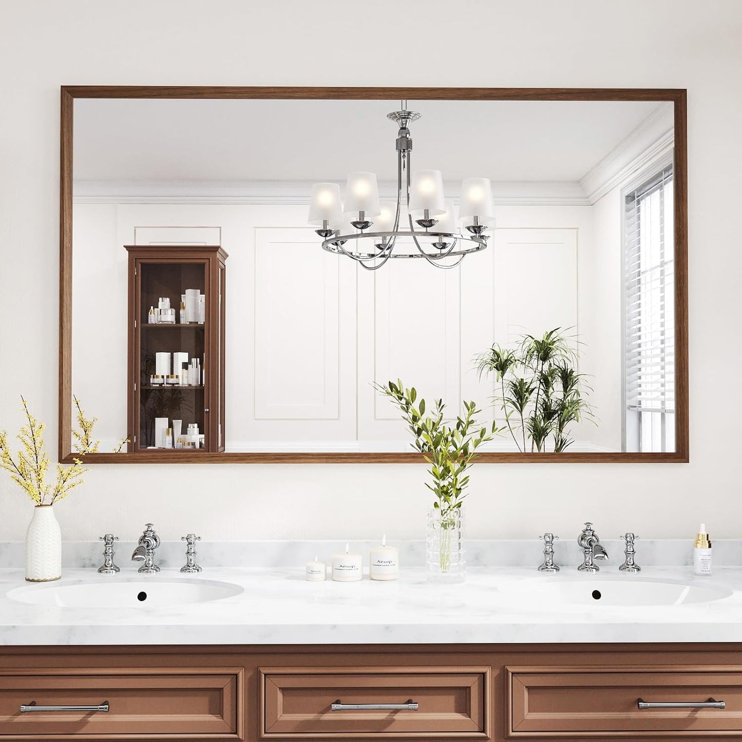 WEER 60X36 Inch Framed Bathroom Mirror, Walnut Rectangular Framed Mirror, Large Wall Mounted Vanity Mirror, Wood Grain Farmhouse Mirror, Tempered Glass, Anti-Rust, Horizontal or Vertical